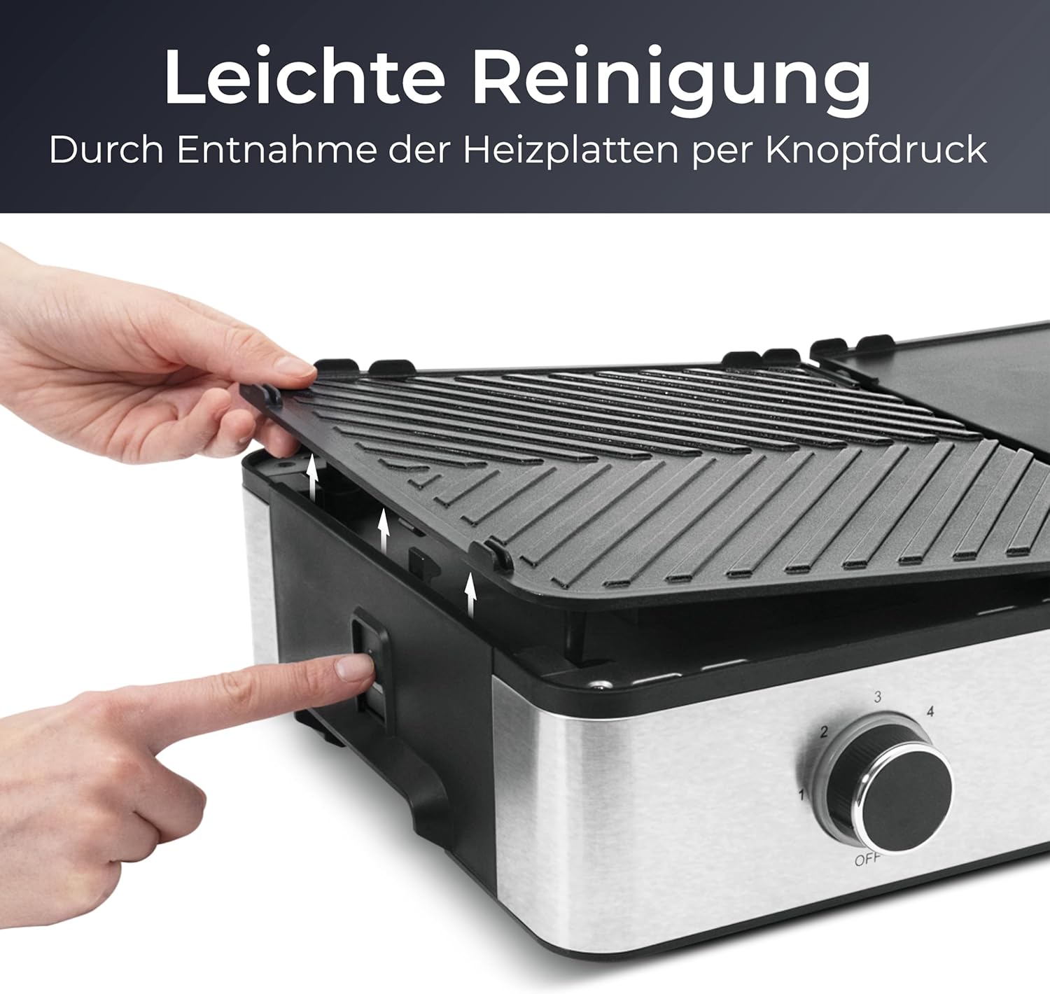 KLAMER Elektrogrill, antihaftbeschichtete und abnehmbare Duo-Platten, separate Temperatureinstellung, 5 Grillstufen, mit Wind-/ Spritzschutz & Auffangschale