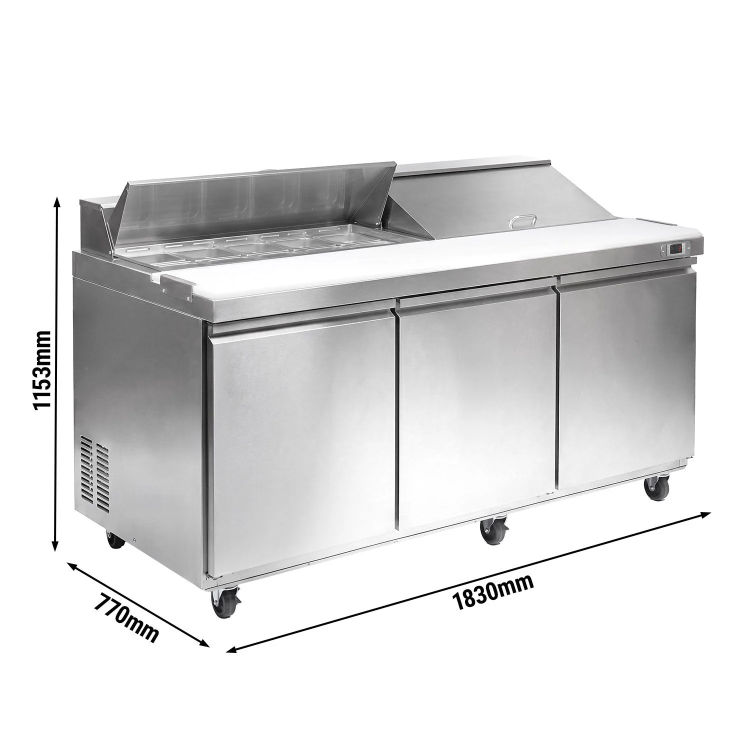 Saladette American Style PREMIUM - 1830 mm - 623 l - 3 dører - med garnityrrenne for 18x GN 1/6 - inkl. 18x GN-kantiner 1/6