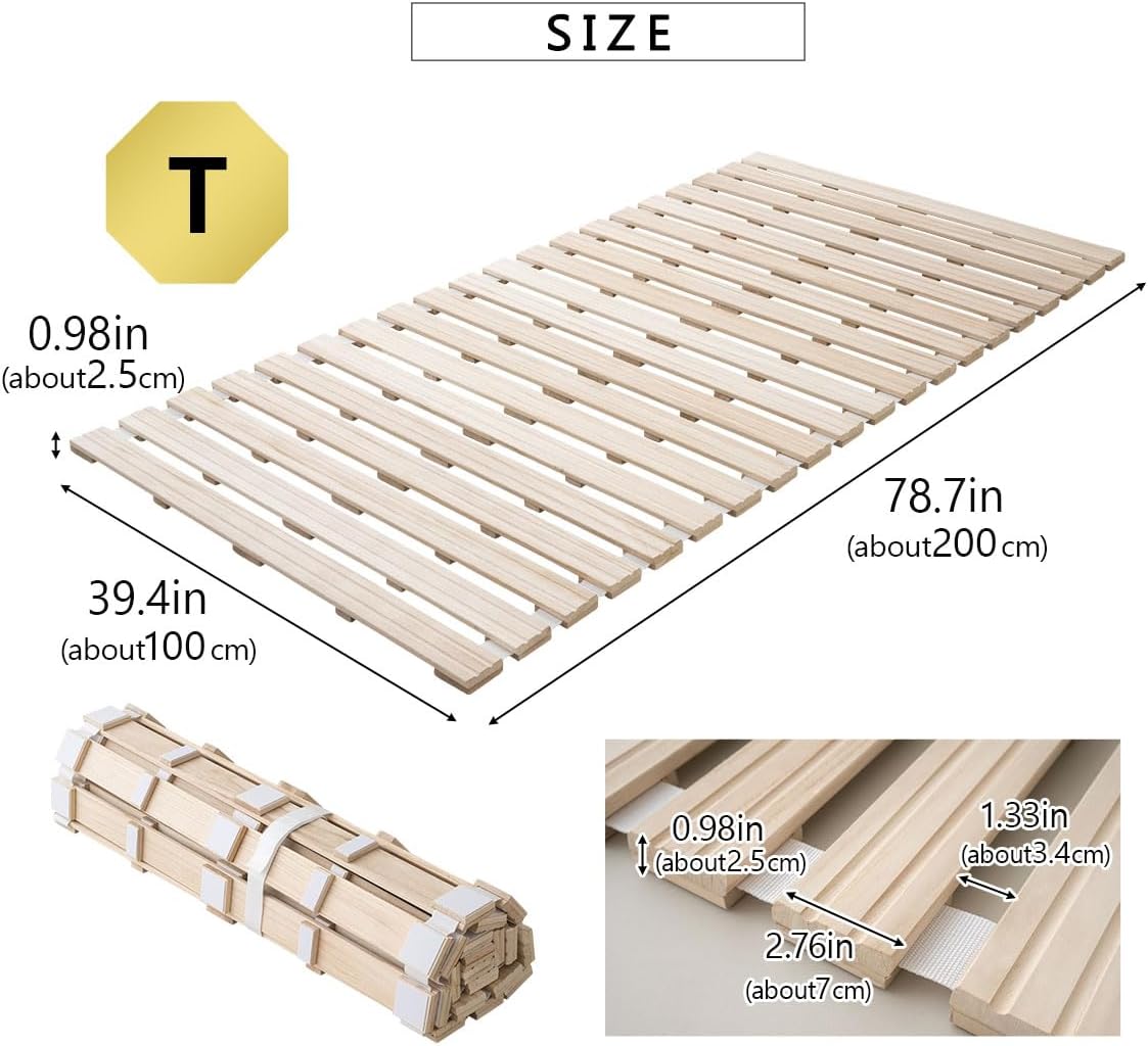 EMOOR Rolllatten Futonbett Einzel Größe (100 x 200 cm), Franco-ROLL für Japanische Boden-Futon-Matratze, Holz Paulownia Boden Unlackiert Natürlich Schlafbettwäsche Gäste Tatami-Matte