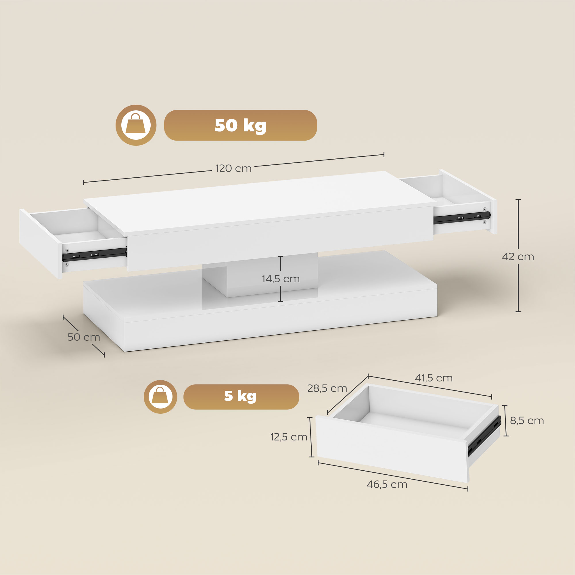 Salontafel met Lades en LED-verlichting, moderne Sofatafel met open opbergruimte, Salontafel, Spaanplaat, Wit