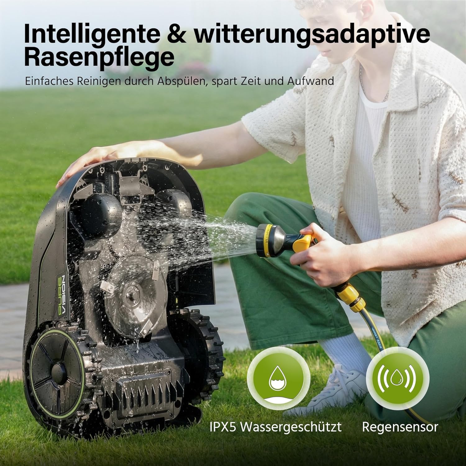 SUNTEK SRM2025 Mähroboter ohne Begrenzungskabel, KI Pure Vision Rasenmäher Roboter für 250 m² mit automatischer Kartierung, 35% Steigung, Wasserdichtigkeit IPX5, Automatische Kartierung mit Garage