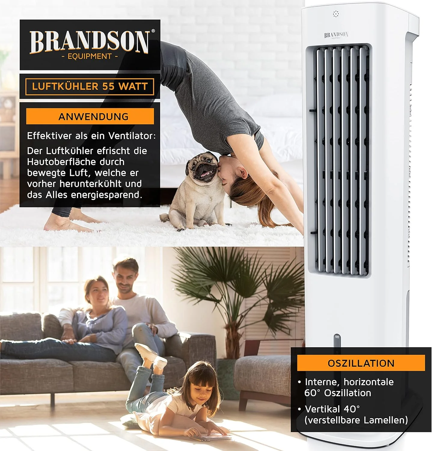 Brandson - Luchtkoeler met waterkoeling 5-in-1 - Verdampingskoeler, luchtbevochtiger, ventilator & luchtreiniger, mobiele airconditioning zonder afvoerslang - Prijswinnaar 2025 - stil - 5L watertank