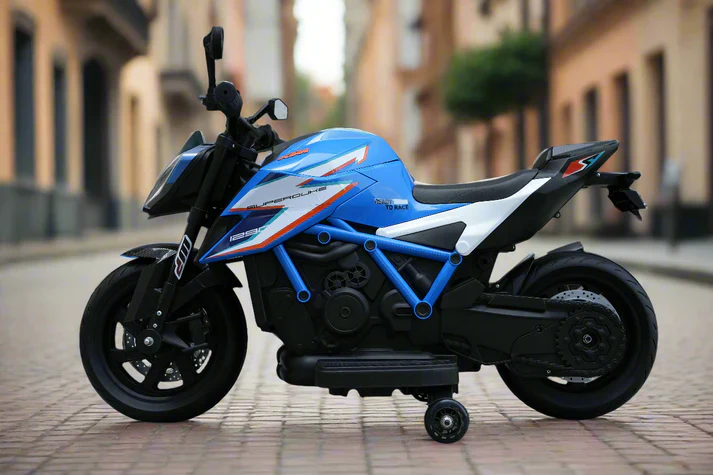 Licensed KTM Superduke 12V Ride On Kids Bike with Stabilisers - Blue
