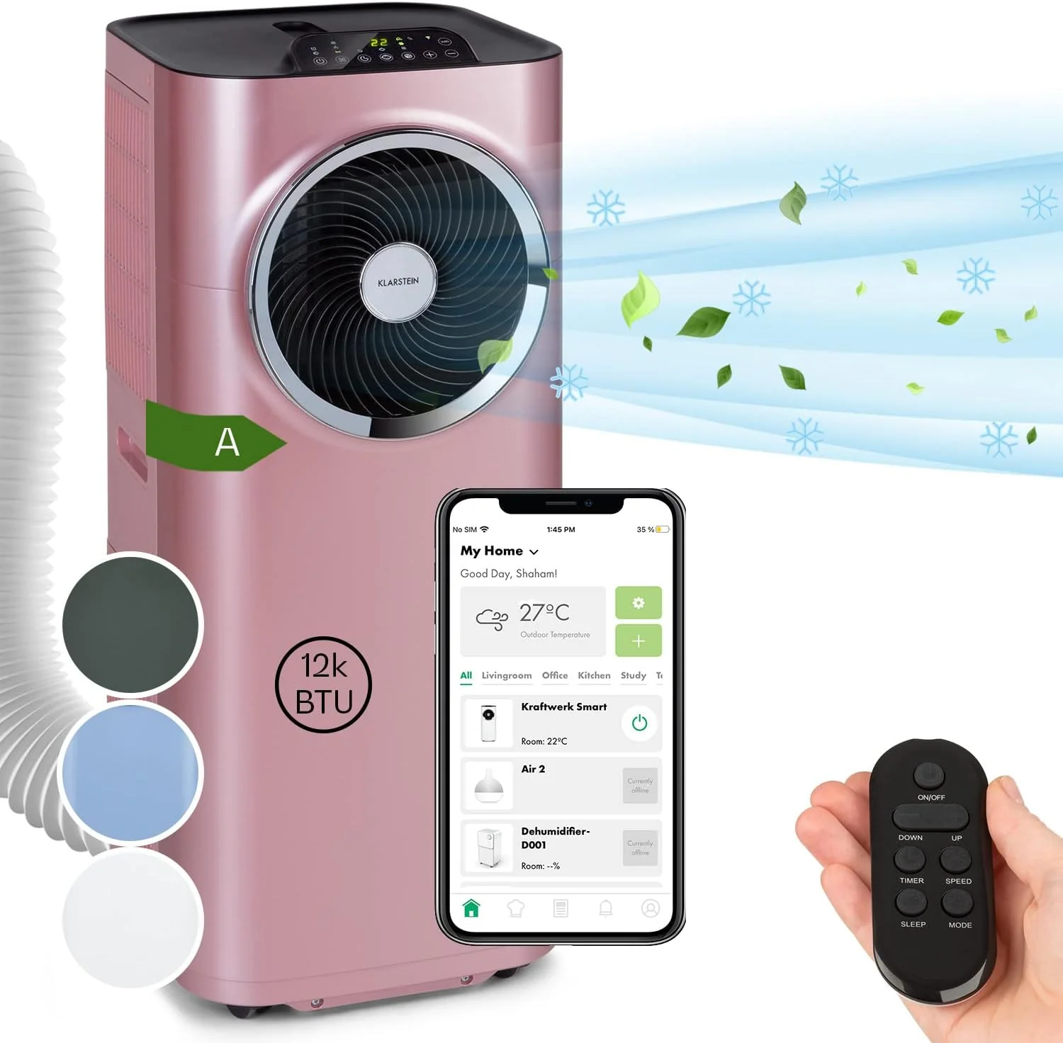Klarstein Mobile Klimaanlage mit Abluftschlauch, 5-in-1 Klimagerät, Ventilator, Luftentfeuchter, Luftreiniger & Nachtmodus, App-Steuerung, Kleine & Portable, für Wohnung & Büro, 12000 BTU