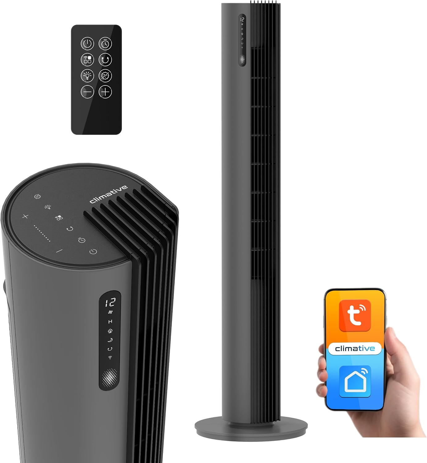 Turmventilator 110 cm PURE Plasma Ionisierung WiFi Tuya Smart Life, Energiesparender 30W DC-Motor, 12 Stufen, Timer, Standventilator sehr leise Ventilator mit Fernbedienung, Tower Fan Grau