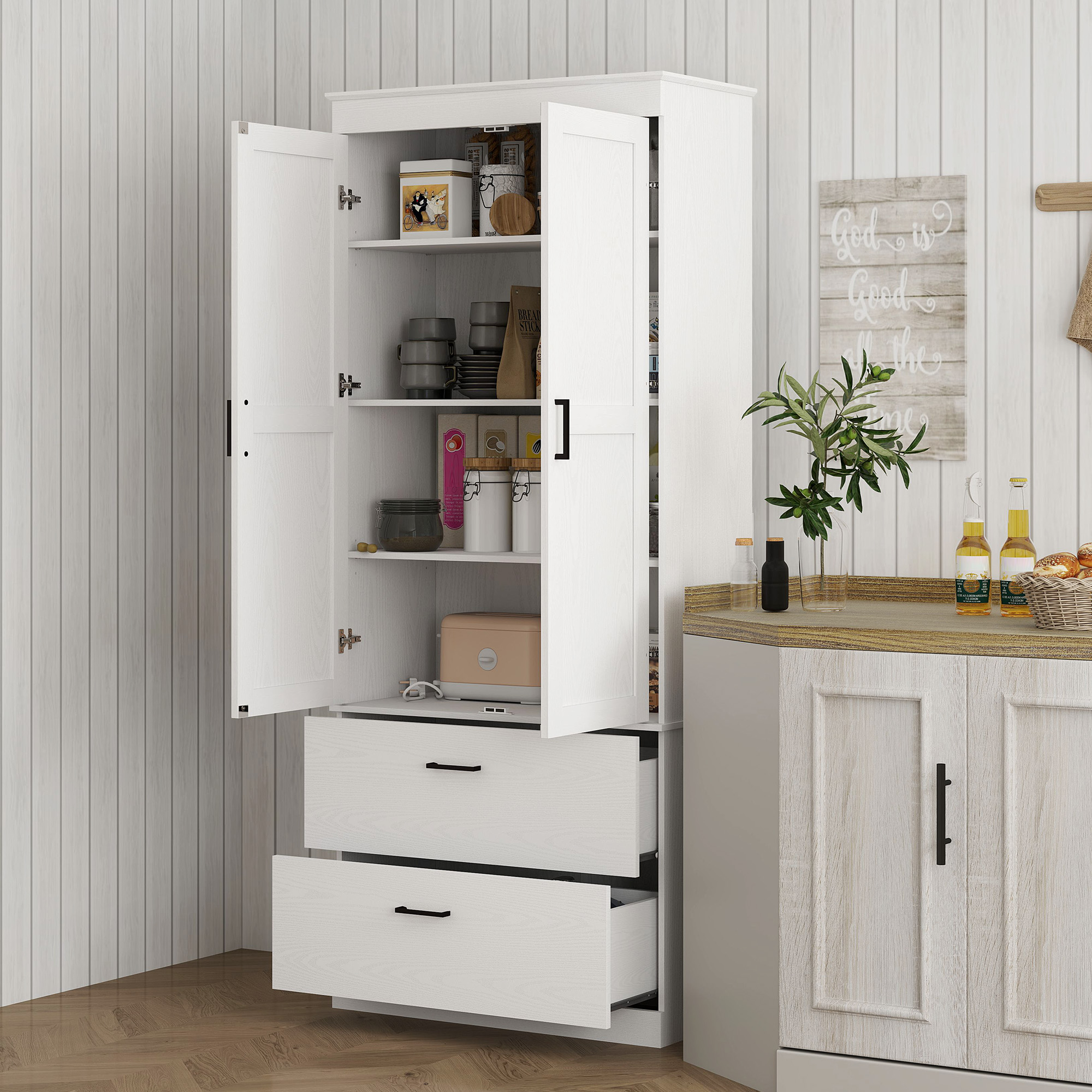 Vrijstaande Keukenkast met Verstelbare Schappen en Twee Brede Laden voor Woonkamer, Keuken, Wit