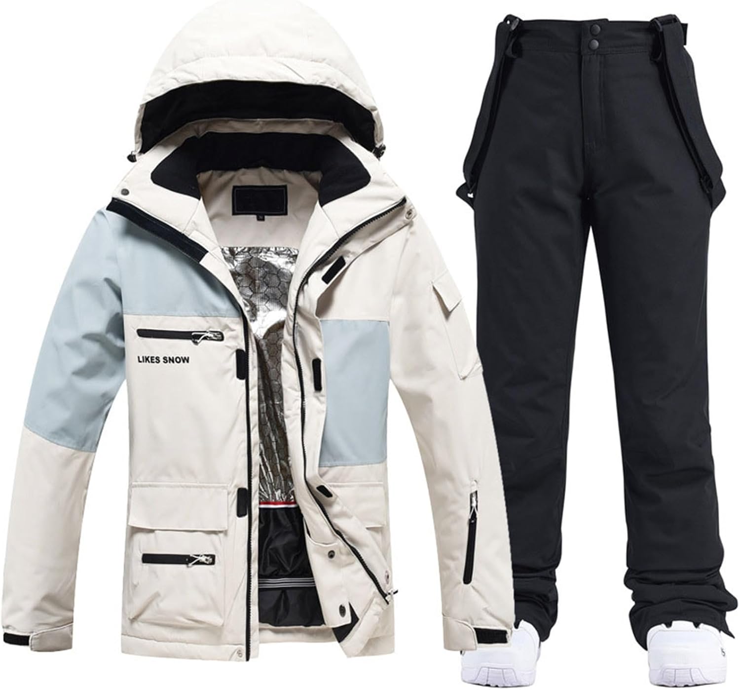 Damen Schneeanzug, Damen Skijacke & Skihose Set, Schneeanzug Wasserdicht Warm Winterjacke mit Abnehmbare Kapuzen zum Skifahren Snowboarden