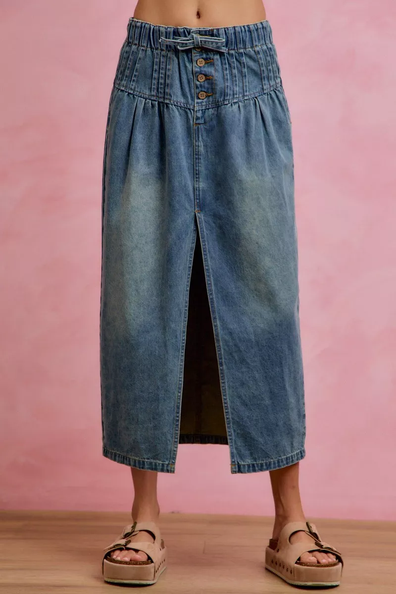 SO ME Pleated Washed Denim Skirt With Front Slit