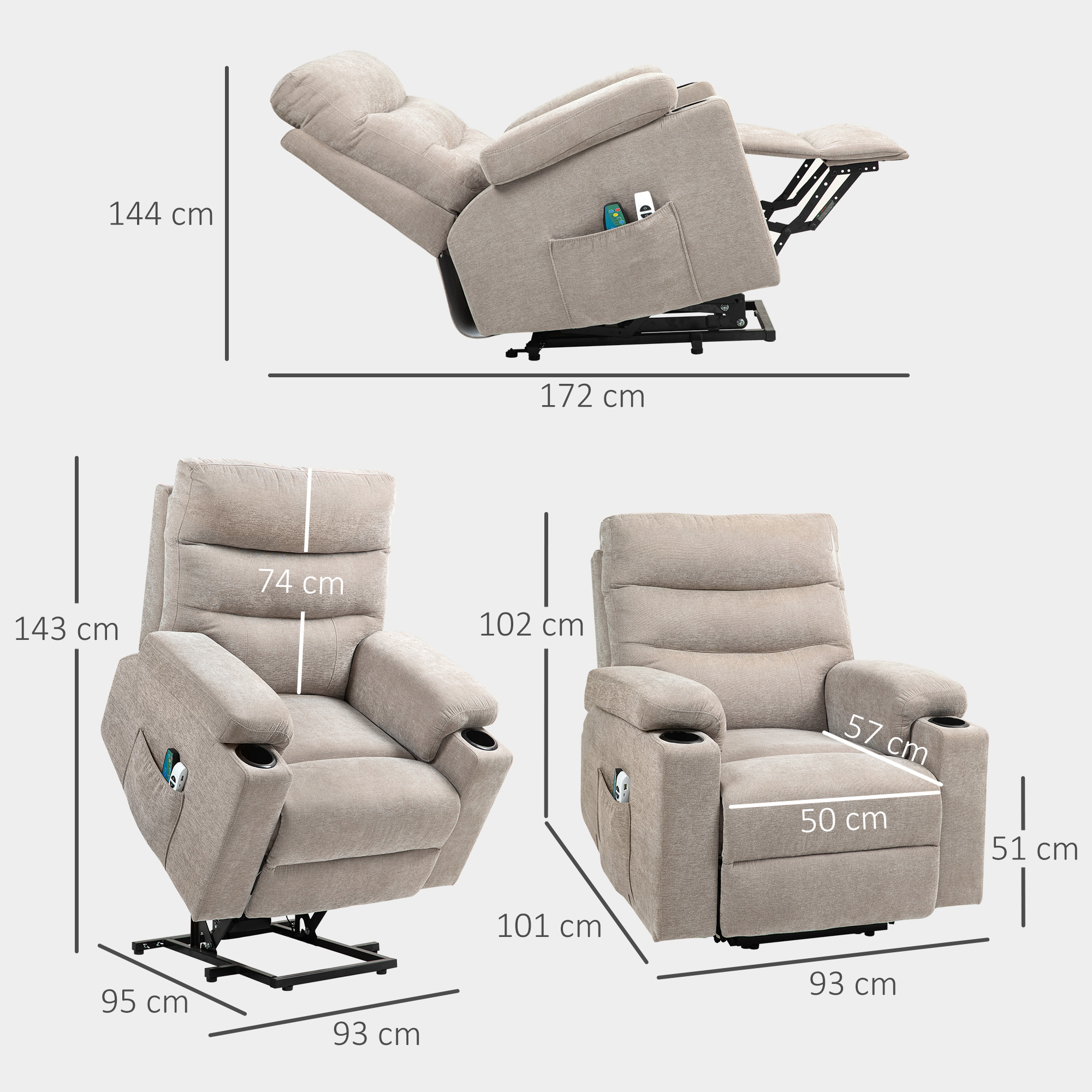 Massagestoel met Opsta-functie, 8 Vibratiemassagepunten, Elektrische Ligstoel met 2 Afstandsbedieningen Lichtbruin