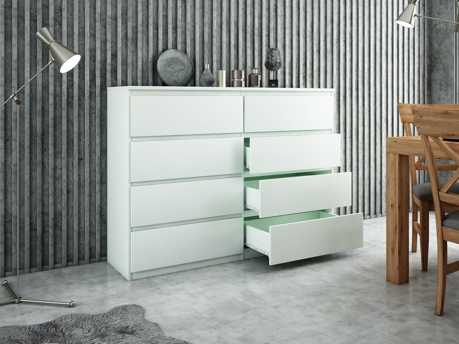 meble masztalerz Kommode Weiss Matt mit 8 Schubladen - 138,5 x 101,5 x 39 cm - Sideboard Wohnzimmer, Schlafzimmer - Schubladenschrank - Komodenschrank