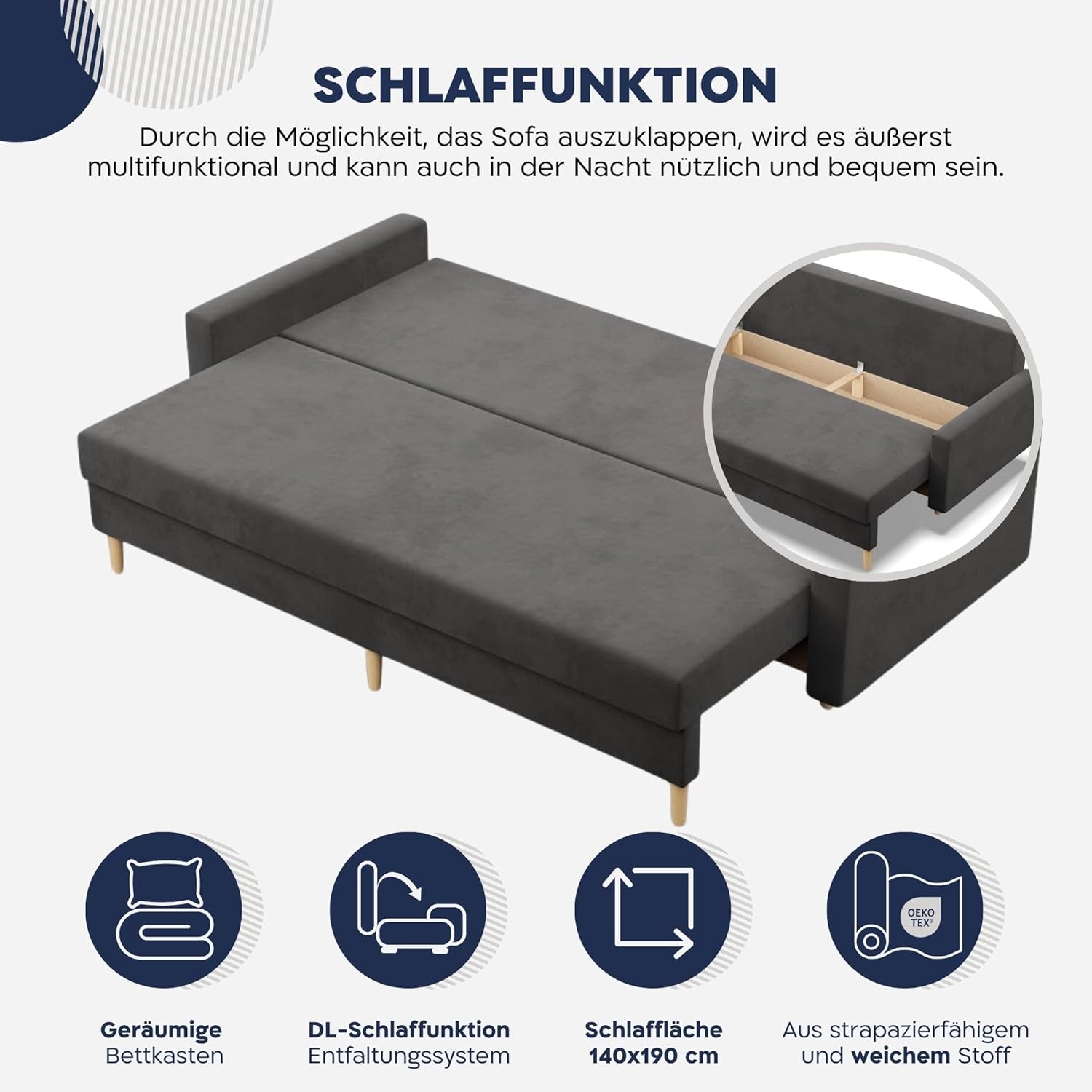 Mebligo - Sofa Mit Schlaffunktion Und Bettkasten Blank, 3 Sitzer 212 cm Breit, Schlafsofa Mit Bonellfederkern im Sitz, Ausziehbares Couch Auf Holzfüßen, Wohnzimmer - Beige