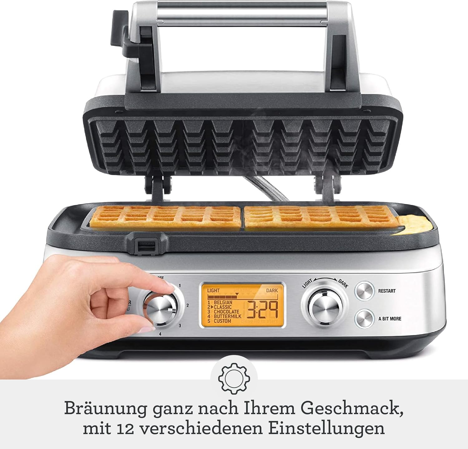 Sage - The Smart Waffle Pro - Waffeleisen - 4 Teigeinstellungen inkl. Belgische Waffeln, Klassische Waffeln - 12 Bräunungseinstellungen, 1000W Leistung, Einfach zu Reinigen - Gebürsteter Edelstahl