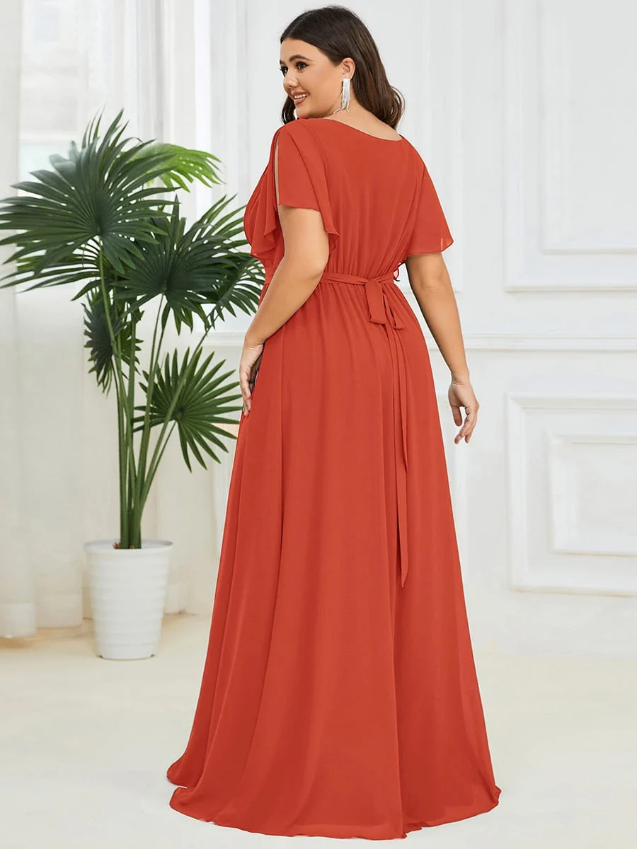 Abendkleid Damen Maxi A-Linie aus Chiffon | Festliches Kleid f��r Hochzeitsg?ste mit V-Ausschnitt und Fl��gel?rmeln