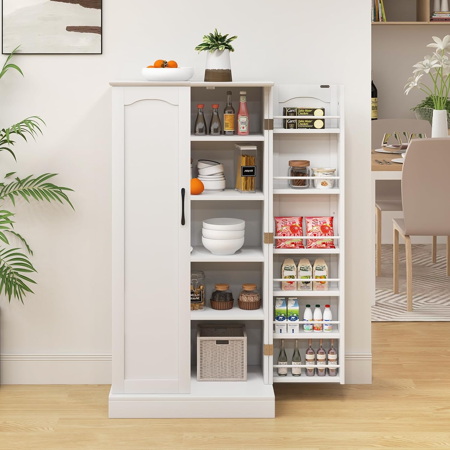 GOPLUS Vorratsschrank mit Türen, 120cm hoch Küchenschrank mit verstellbaren Regalen & Metallgriffen, Mehrzweckschrank Aufbewahrungsschrank für Küche, Esszimmer, & Wohnzimmer (Weiß)
