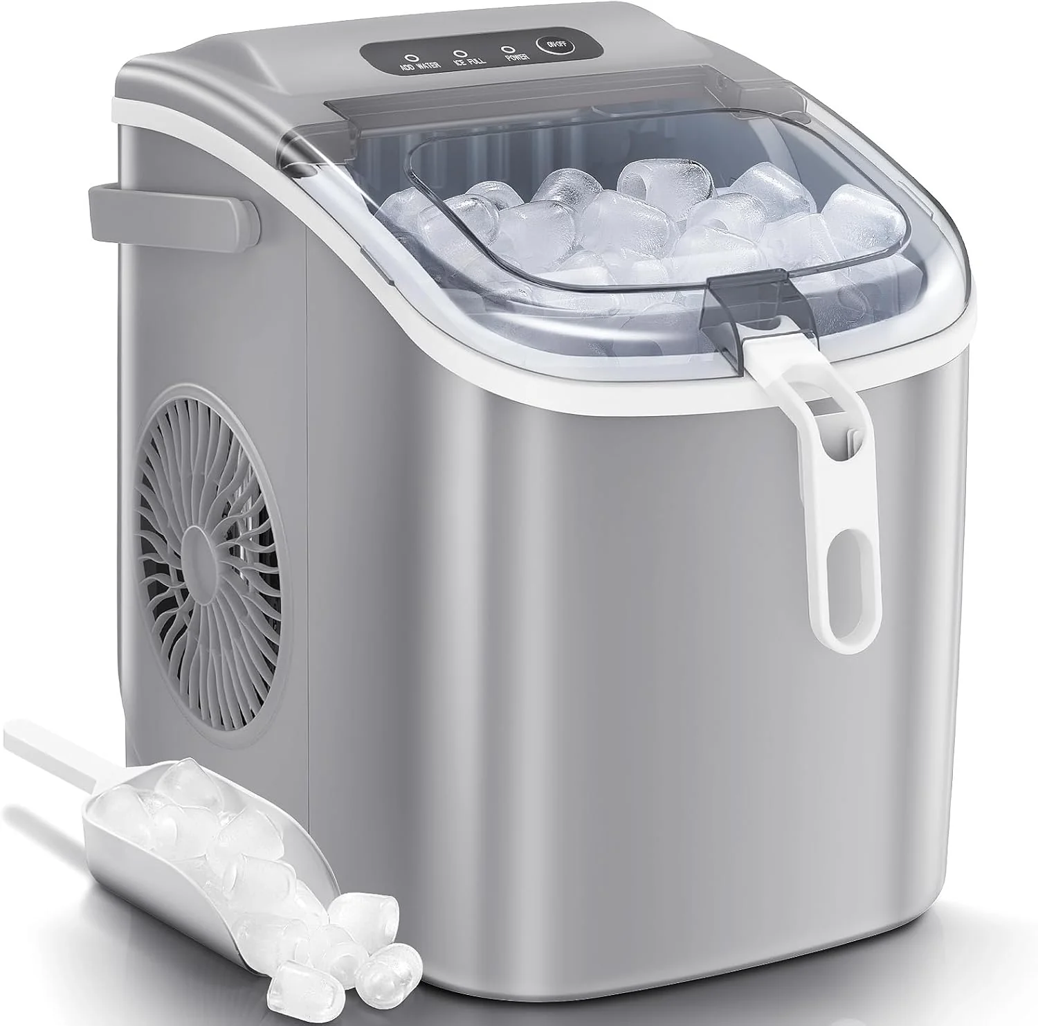 Nugget Ice Makers Countertop, Pebble Ice Machine with Chewable Pellet Ice, 34Lbs/24H, Self-Cleaning, Sonic Ice, One-Click Operation, for Kitchen,Office Stainless Steel Silver