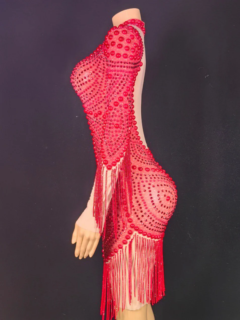 Pearl Embellished Mesh Bodycon Mini Evening Dress