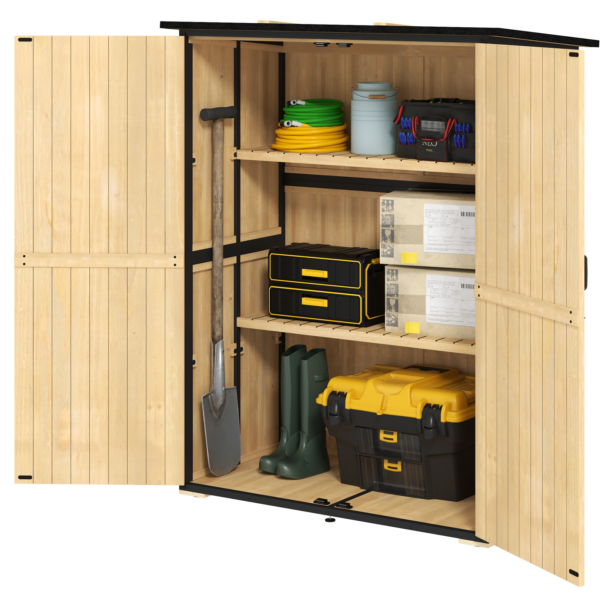Outsunny Houten en Stalen Tuinkast, Buiten Gereedschapskast met Asfaltdak, 2 Planken, Afsluitbare Deuren, Natuurhout