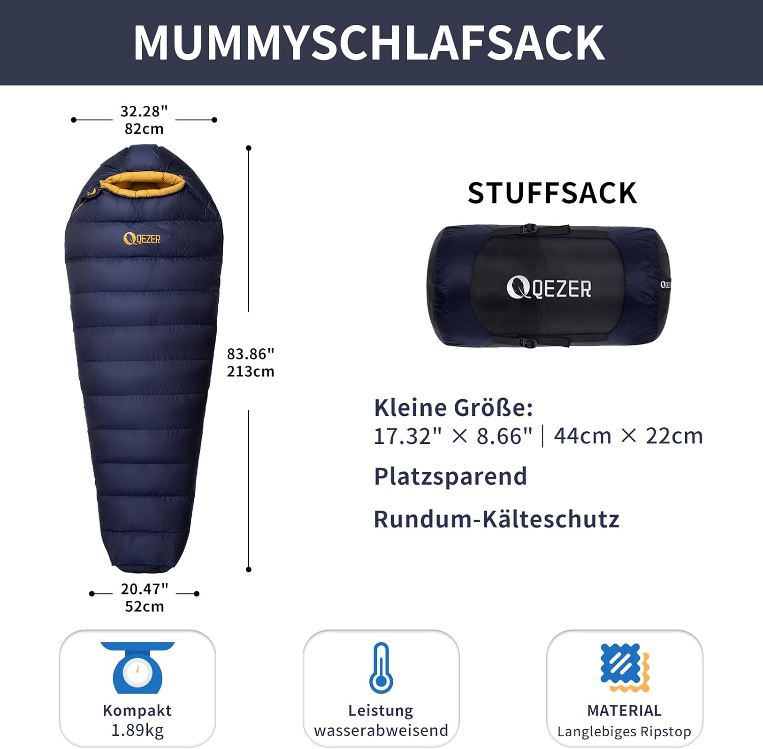 Daunenschlafsack, Winterschlafsack mit antistatischem Graphenfutter, 620FP Bauschkraft, 1450 Gramm, -24°C bis 0°C, geeignet für Camping, Wandern und Trekking.