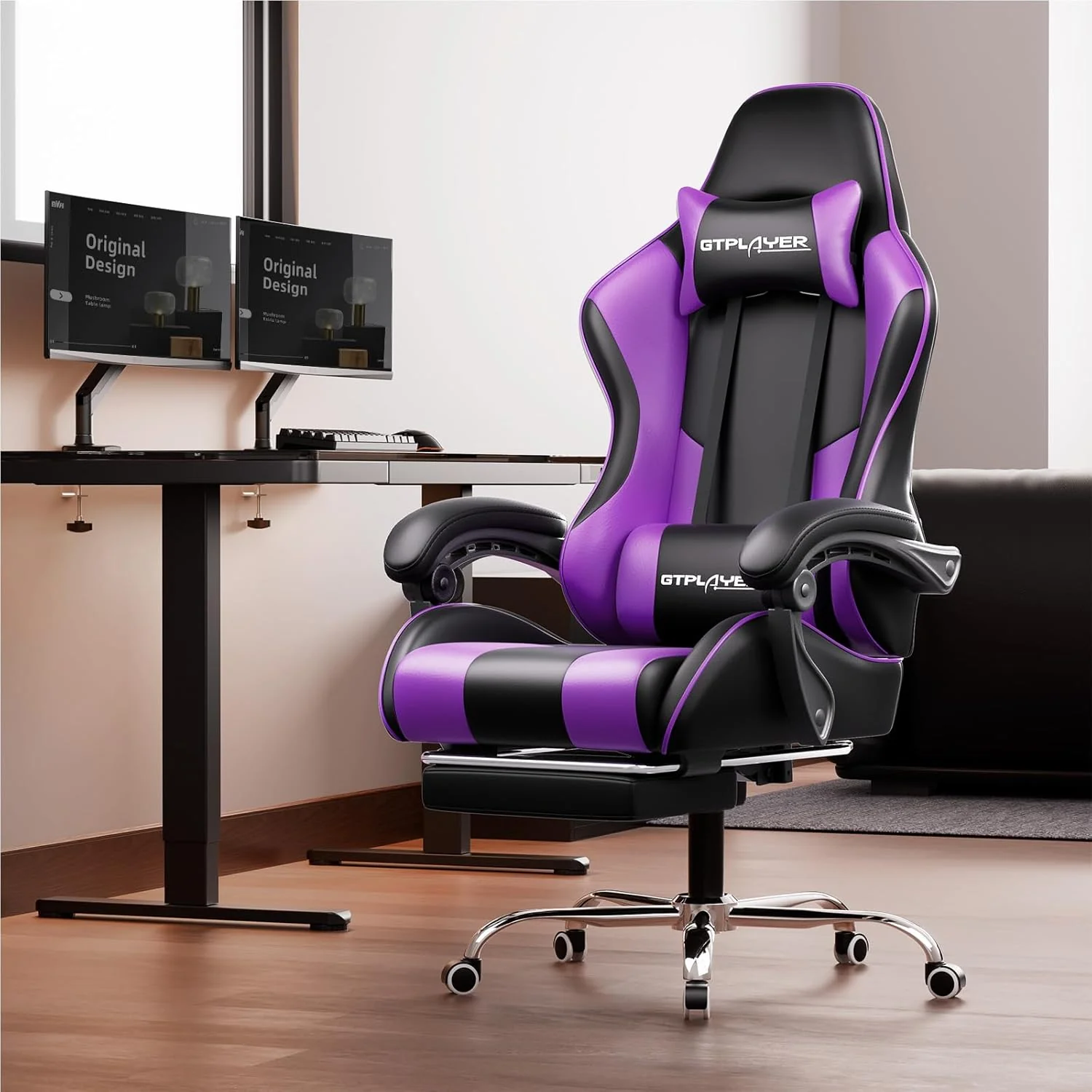 GTPLAYER Gaming Chair with Footrest and Lumbar Support ?C Ergonomic Computer Chair with Headrest, 360?? Swivel, Height Adjustable, White