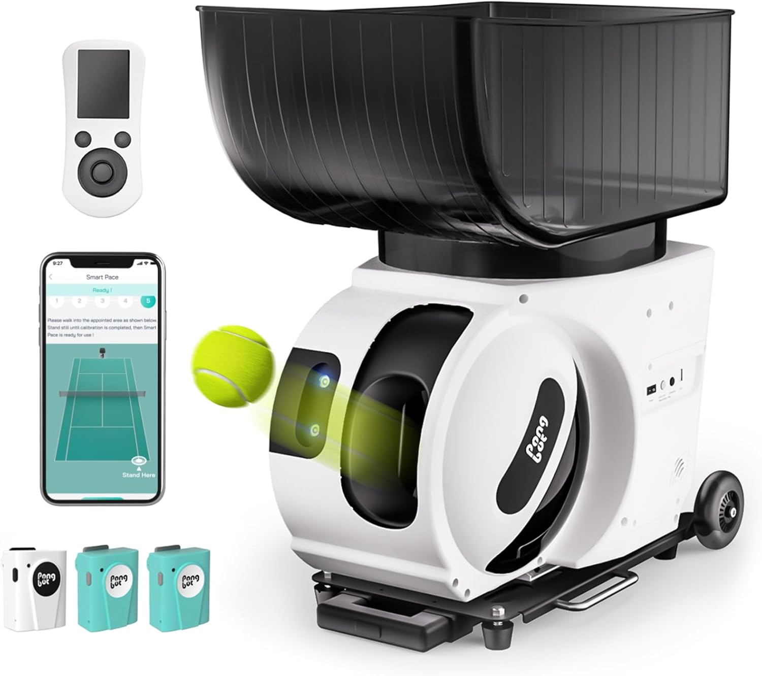 PONGBOT Tennisball-Maschine, App und Fernbedienung, benutzerdefinierte Bohrer, 150 Bälle, max. 80 km/h, 8+ Stunden Ausdauer, Dual-Motor für Topspin und Backspin