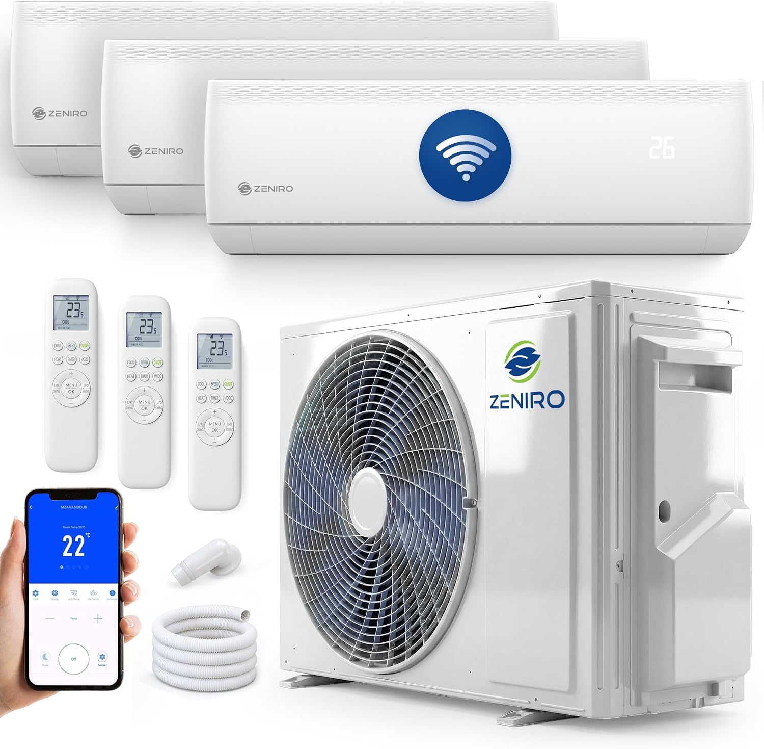 Multisplit Klimaanlage 3 Innengeräte Set (3 x 2,6kW) Klimagerät Air Conditioner mit Heizfunktion 21000 BTU 6,2kW A++ WiFi/App-Steuerung 4D AirFlow Heizen bis -20°C Vorgefüllt R32