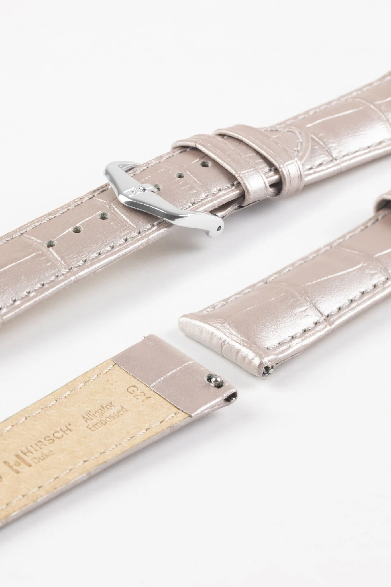 Hirsch Duke Metallic Silver Alligator Design Leather Watch strap