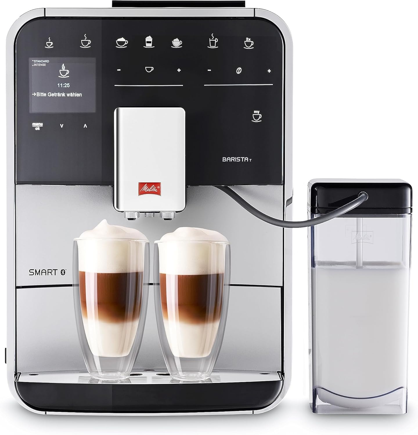 Melitta Barista T Smart - Kaffeevollautomat mit Milchsystem, Kaffeemaschine mit Mahlwerk, für z. B. Cappuccino oder Espresso, App Steuerung möglich, schwarz/silber