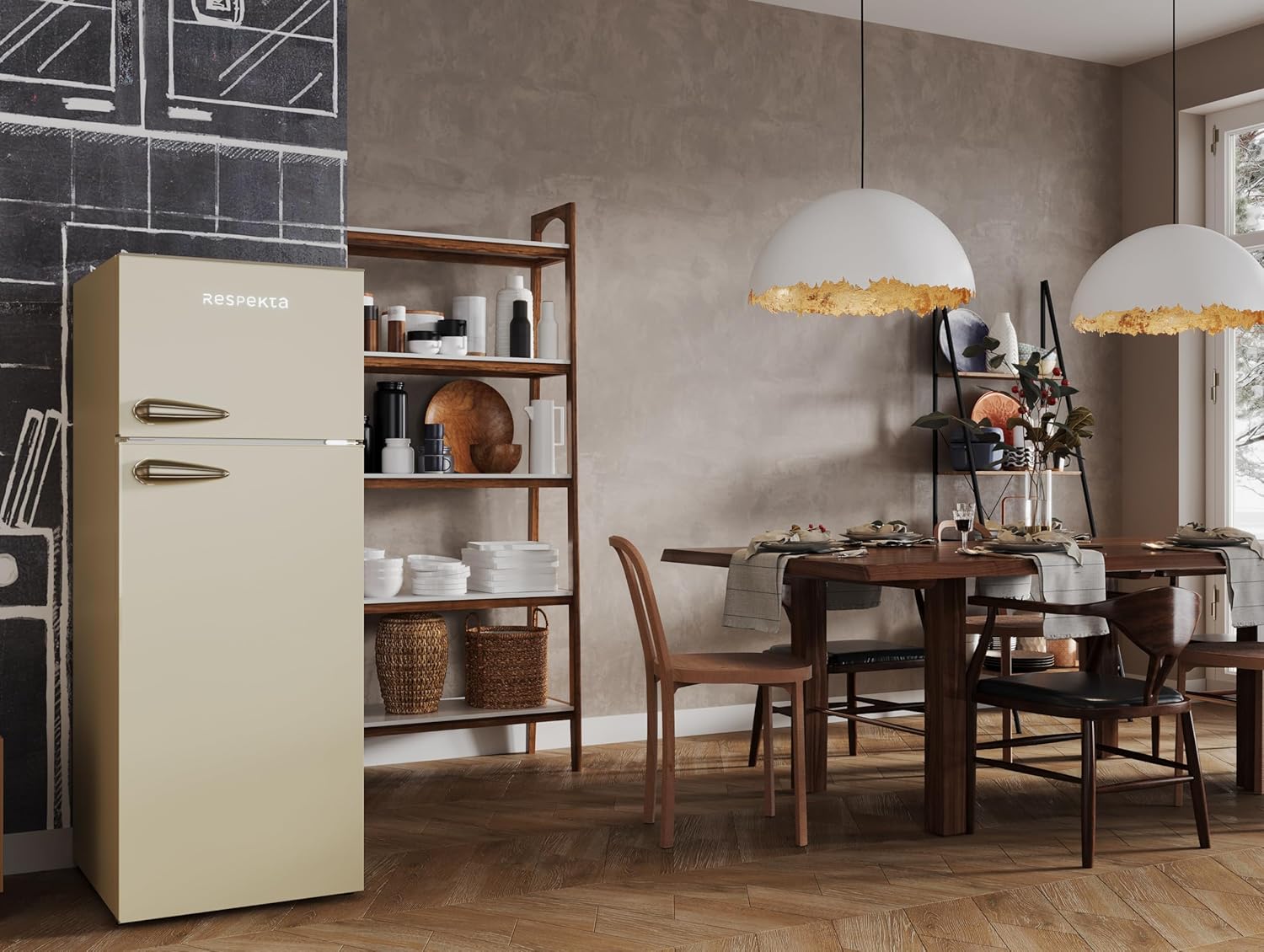 Respekta Retro-Kühlschrank mit Gefrierfach/in schwarz / 145 x 54 cm / 213 L Nutzinhalt/verstellbare Füße/automatisches Abtauverfahren/Schnellgefrierfunktion / KS144VS