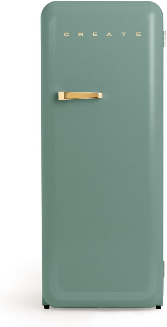 CREATE / RETRO FRIDGE 150 GOLD/Réfrigérateur vert sauge avec poignée dorée et congélateur 281L / 102W, faible consommation, 150 cm, 3 étagères, régulateur de température, 60x60x150 cm
