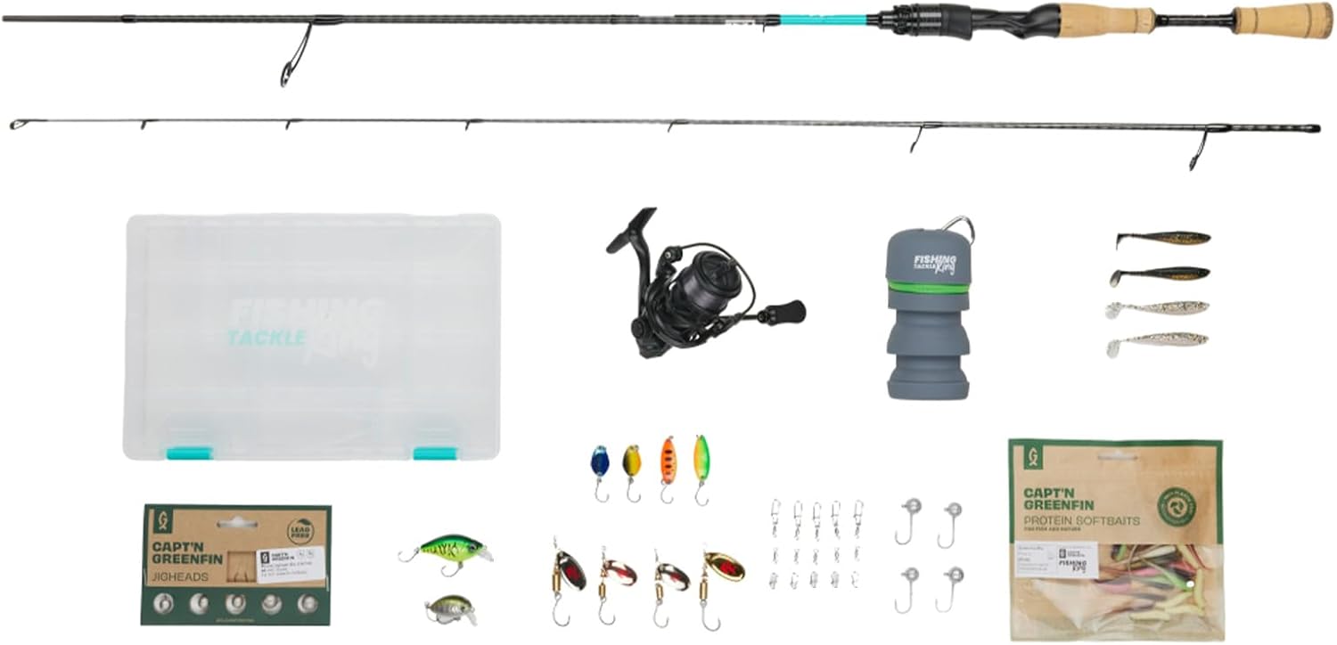 Fishing-King Tackle Zielfisch Forelle Angelset | Spinnrute 1,90 m und 2-10 g | Spinnrolle 1000 mit Schnur | Box, Köder und viel Zubehör