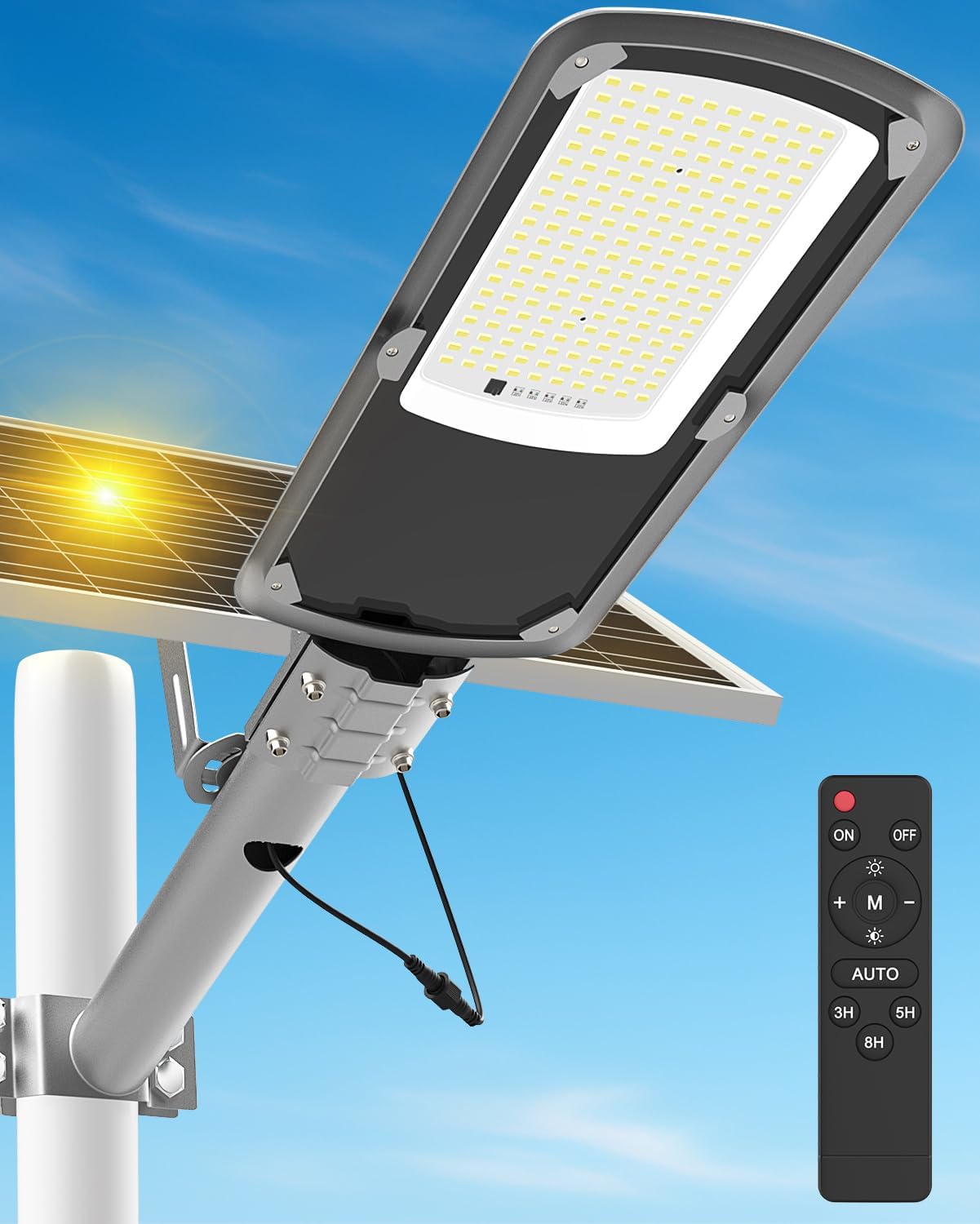 Engrepo Solar-Straßenlaternen für den Außenbereich, 15000 lm, wasserdicht, solarbetriebene Flutlichter mit Fernbedienung, Sicherheit von Dämmerung bis Morgendämmerung, automatisches