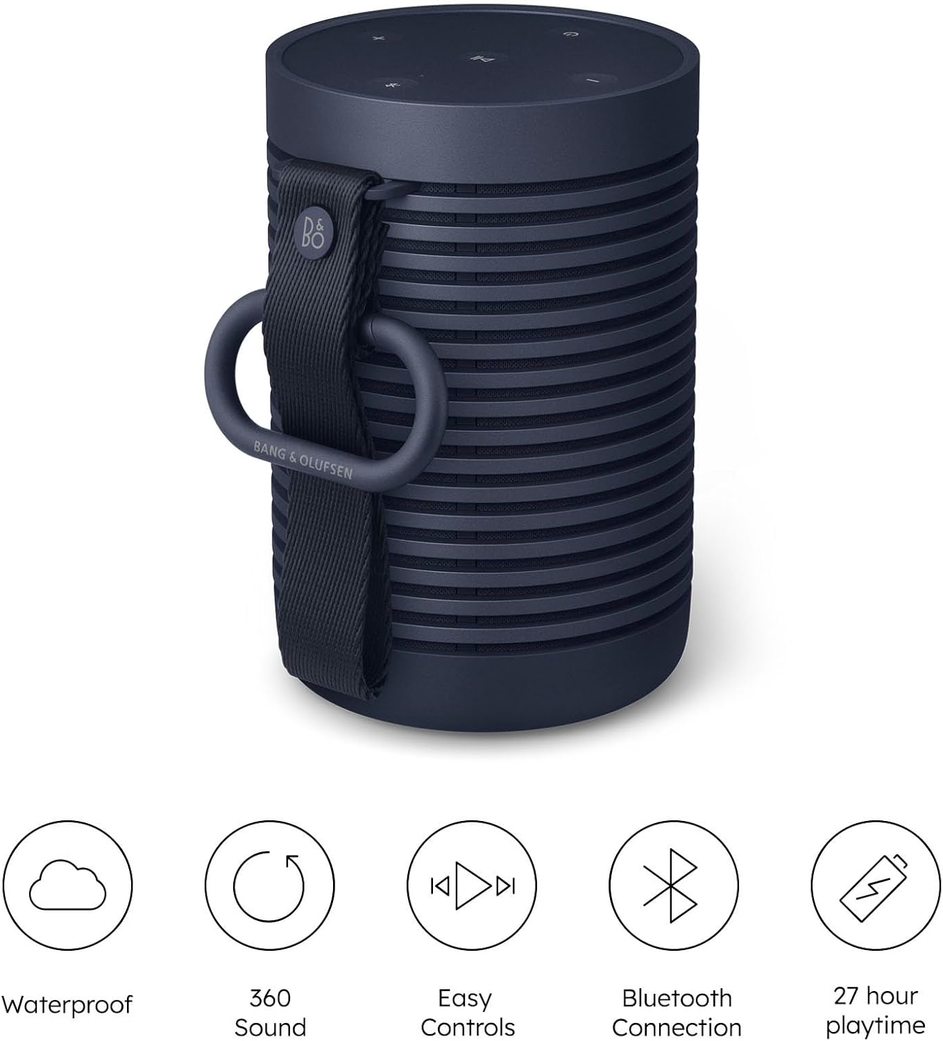 Bang & Olufsen Beosound Explore – Kabelloser tragbarer Bluetooth Outdoor-, Heim- und Reise, 27 Stunden Akkulaufzeit, wasserdichter 360° Lautsprecher + USB-C Ladekabel - Schwarz Anthracite