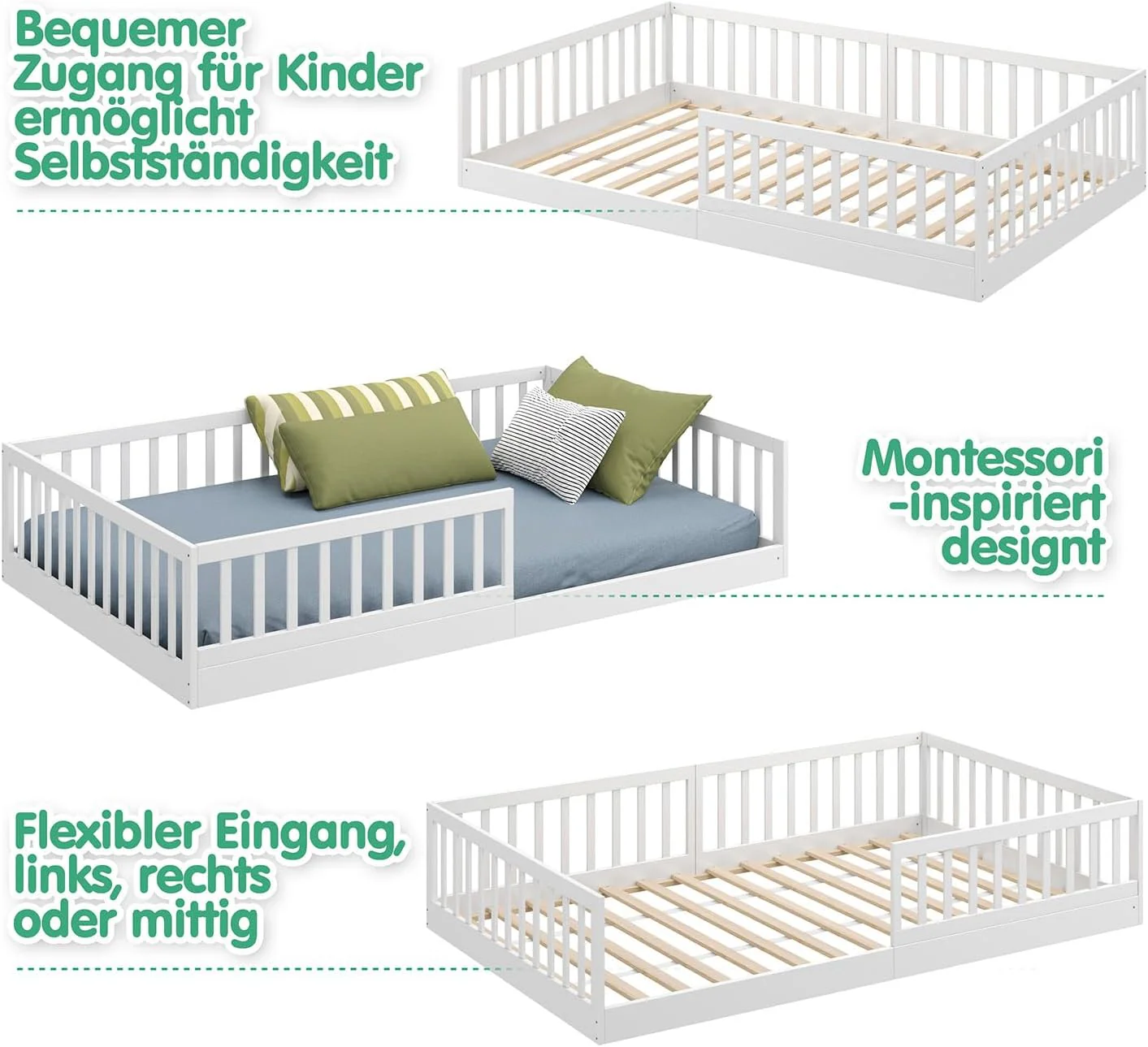 CADANI Timi 2-in-1 Vloerbed 140x200 cm Montessori Kinderbed met uitneembare valbeveiliging incl. lattenbodem, massief grenenhout, wit - 3 opbouwmogelijkheden, belastbaar tot 200 kg, ombouwbaar