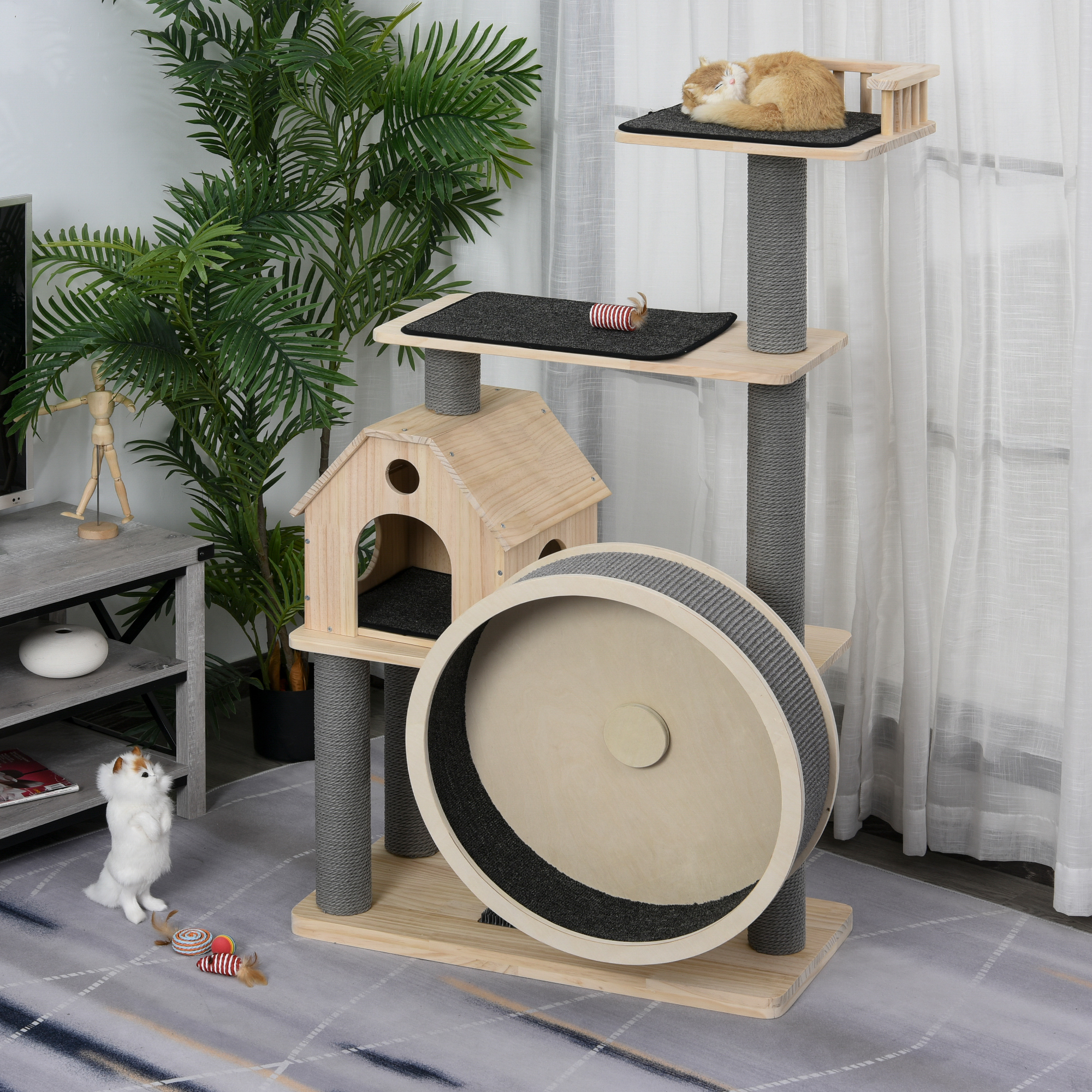 Kattenboom met loopwiel krabpaal met 4 verdiepingen kattenhuis met sisalpalen massief hout