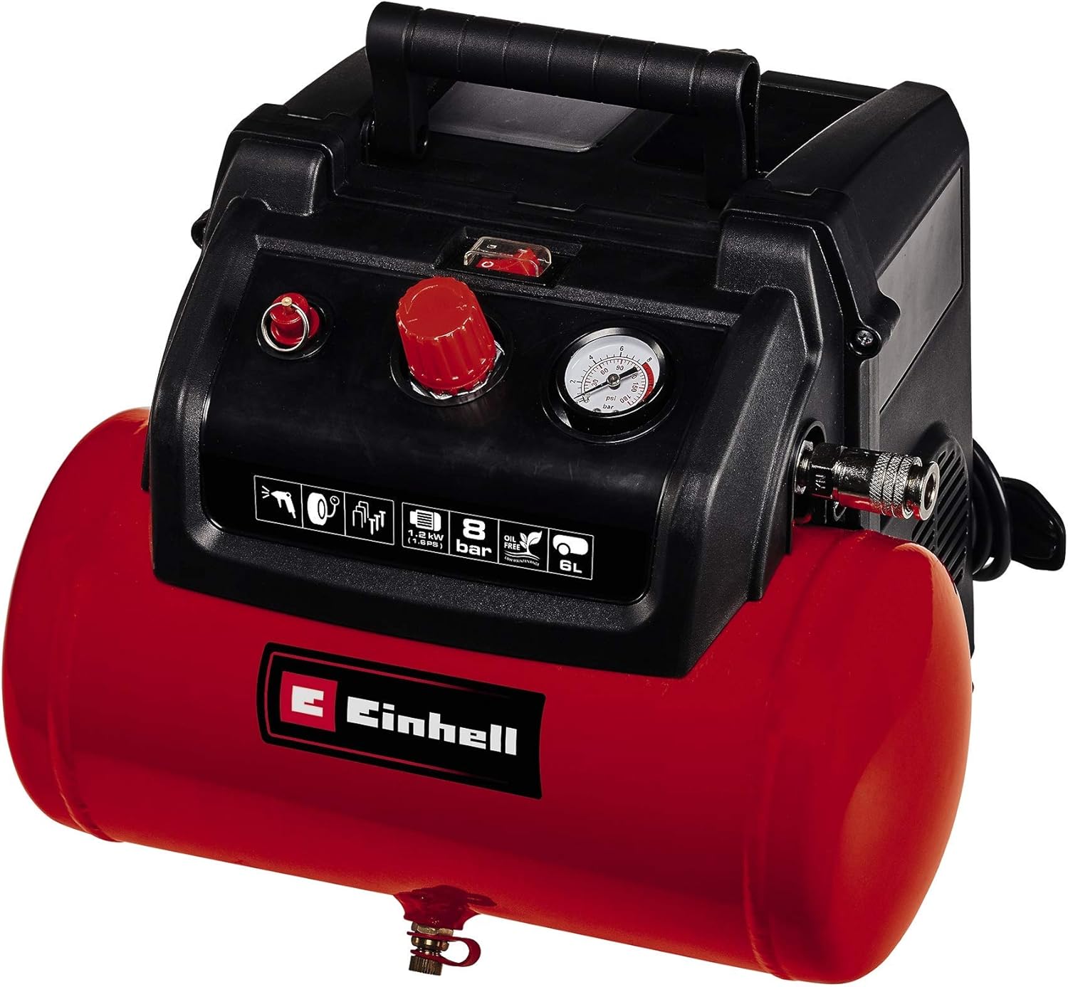 Einhell Kompressor TC-AC 190/6/8 OF Set (8 bar, 6 Liter Drucklufttank, öl-/servicefreier Motor, Druckminderer, inkl. Ausblaspistole, 5m Schlauch + 8 Adapter, inkl. Druckluft-Tacker TC-PN 50)
