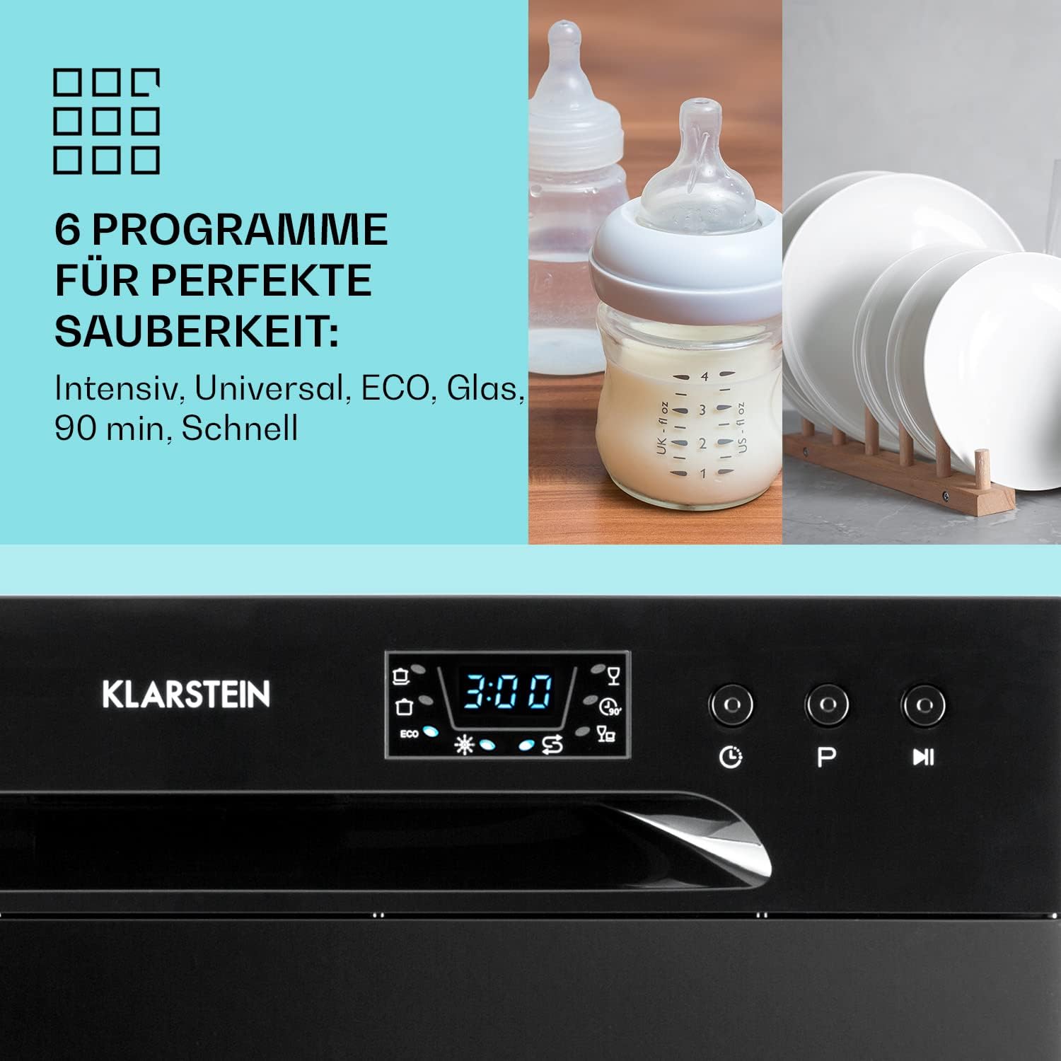 Klarstein  ia 8 - Spülmaschine, Geschirrspüler, Freistehend, Teilintegriert, F, 55 cm breit, 8 Maßgedecke, 6 Programme, Aquastop, silber