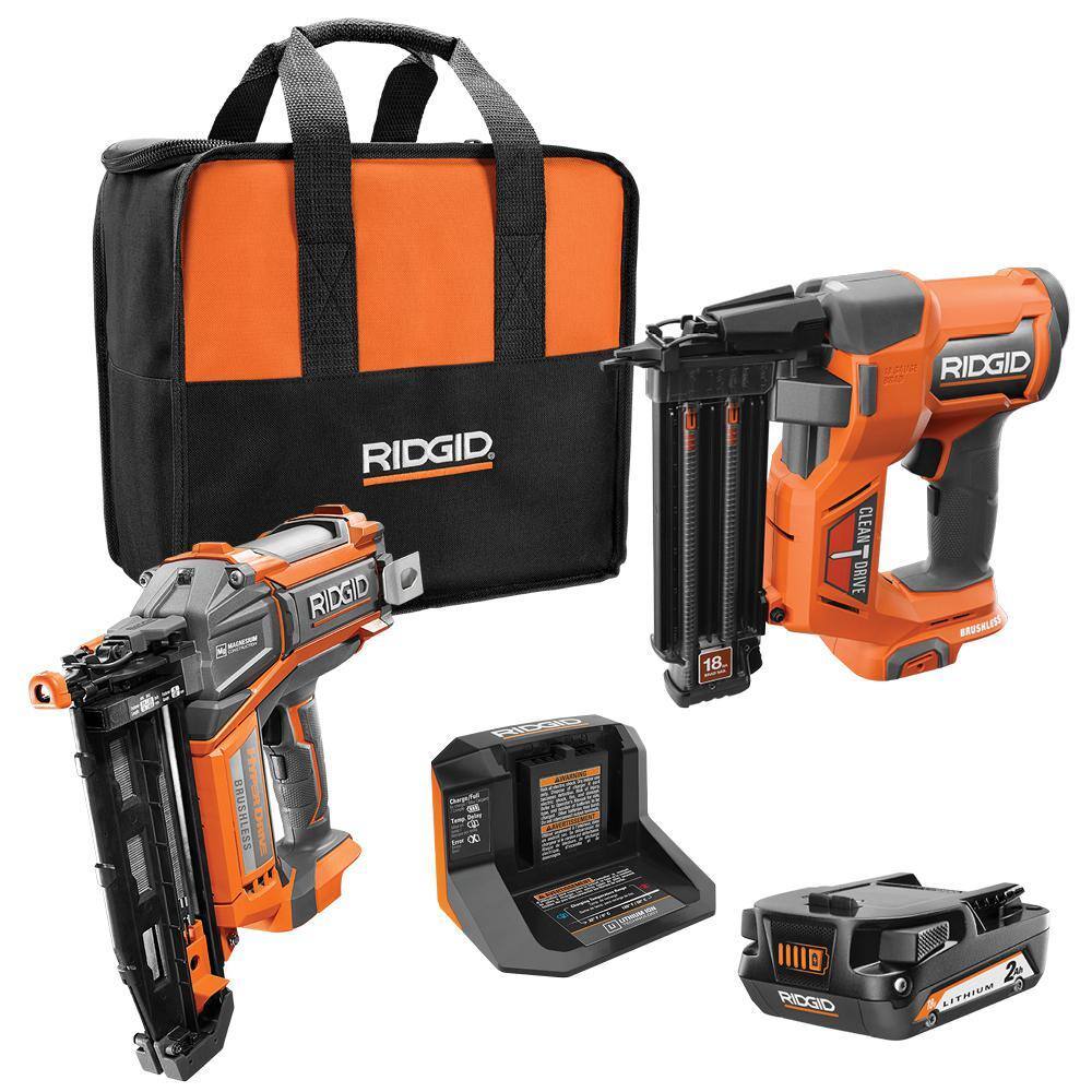 RIDGID 18V Brushless Cordless Nailer Combo Kit with Brad & Finish Nailers, Battery & Charger