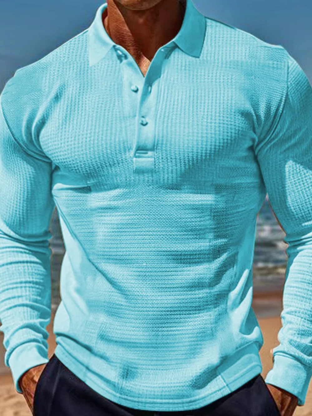 Men's Full Size Waffle-Knit Quarter Button Polo Plus Size