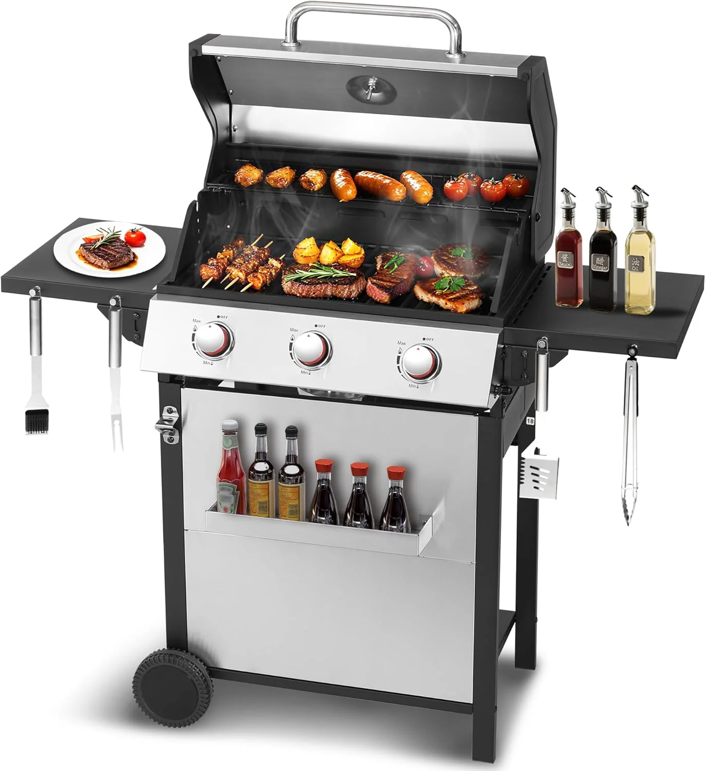 3-Burner Propane Gas Grill with 30.000 BTU Output - Double-layer Stainless Steel Grill Lid. Cast Iron Cooking Grids. Easy-Clean Grease Management & Even Heat Distribution for Perfect BBQs