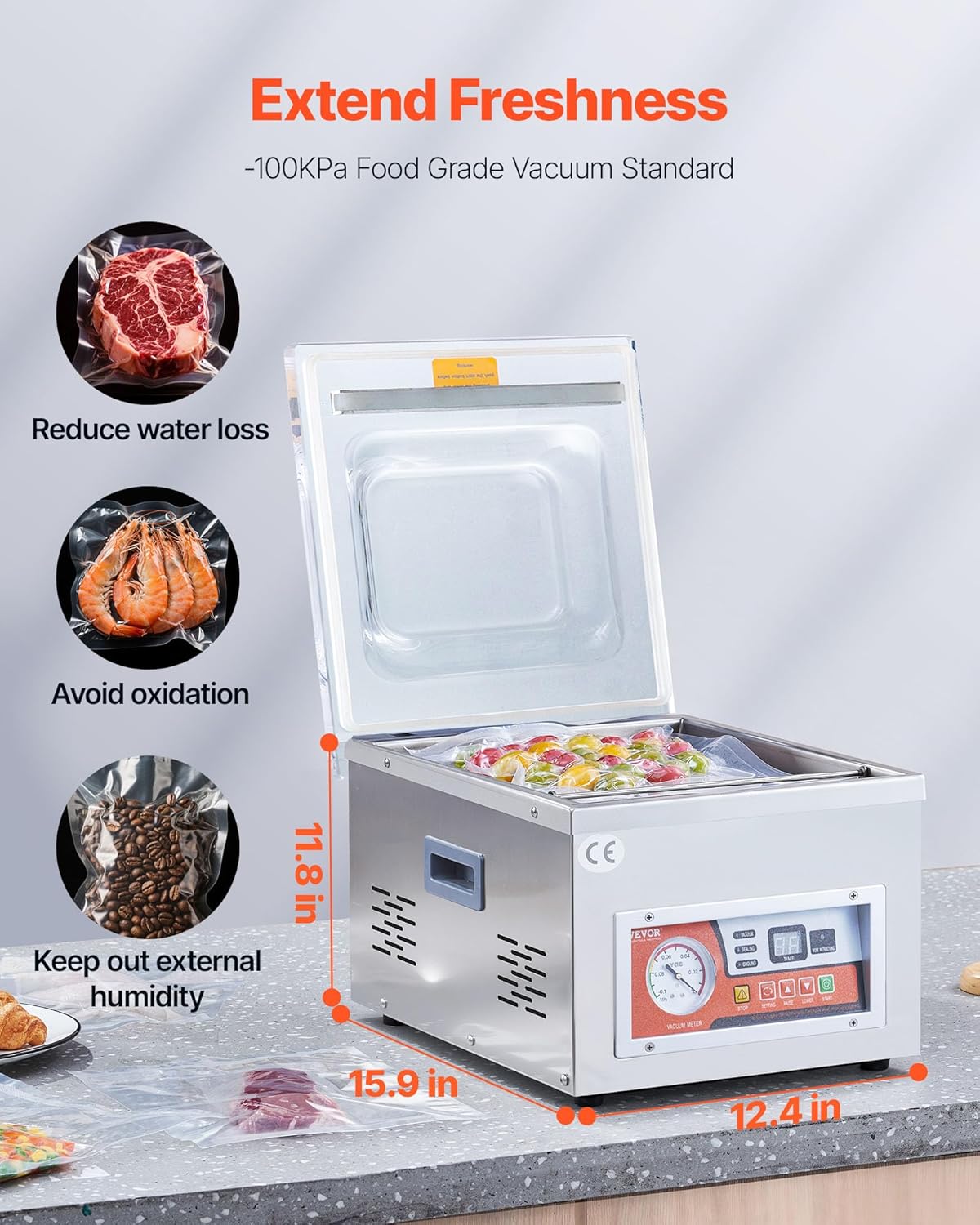 VEVOR Vakuumierer DZ-260A Kompakter Profi-Kammervakuumierer 180W Motor 6,5 cbm/h Vakuumiergerät 33x25cm Dichtungsgröße Geeignet für Haushalten Supermärkten Lebensmittelfabriken, Silber