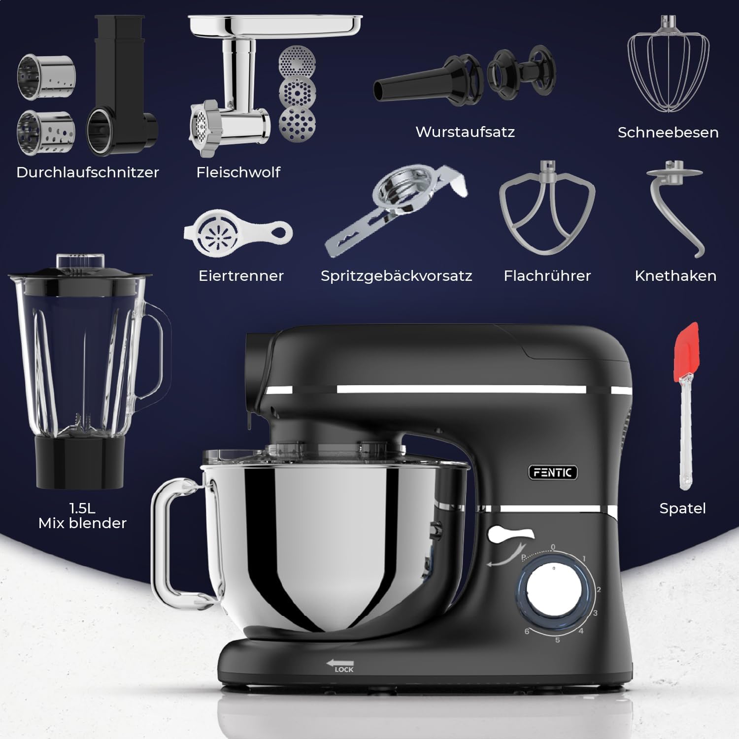 Fentic 6-in-1 Küchenmaschine – 2000W – Mit Fleischwolf, 1,5L Entsafter, Gemüseschneider und Mehr – Knetmaschine mit 6,2L Rührschüssel, Rührhaken, Knethaken, Schlagbesen und Spritzschutz (Schwarz)
