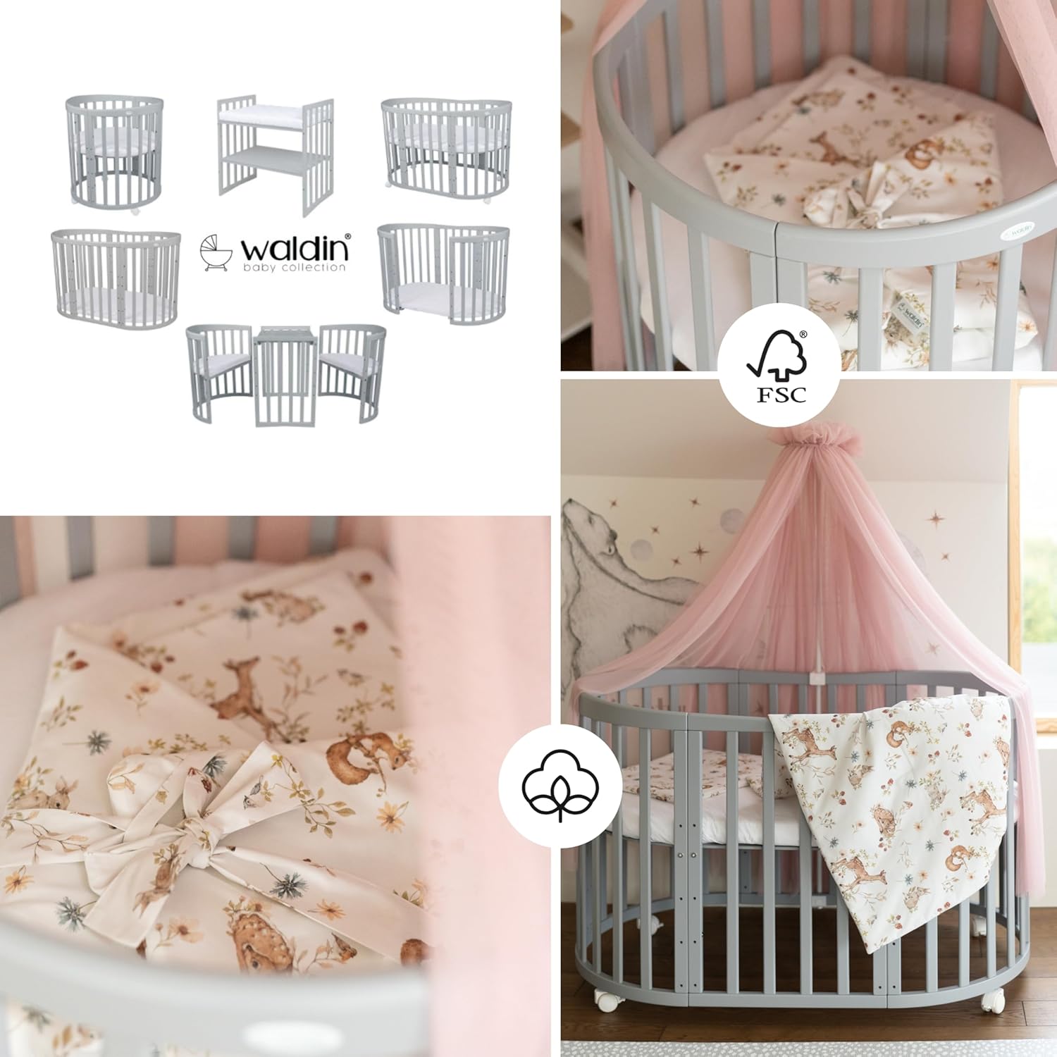 Waldin Oval Baby-Bett Mitwachsend Komplett Set 7in1, Gitterbett, Kinderbett mit Matratze, Wickelkommode, Beistellbett, Holz Weiß