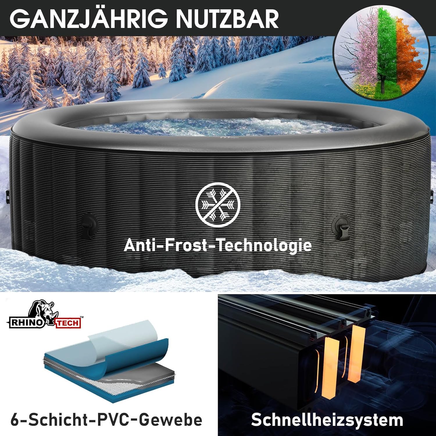 BRAST Whirlpool aufblasbar MSpa Starry mit LED Beleuchtung für 6 Personen Ø204x70cm In- Outdoor Pool 138 Massagedüsen Energiespar-Timer Heizung Bubble Wellness Massage