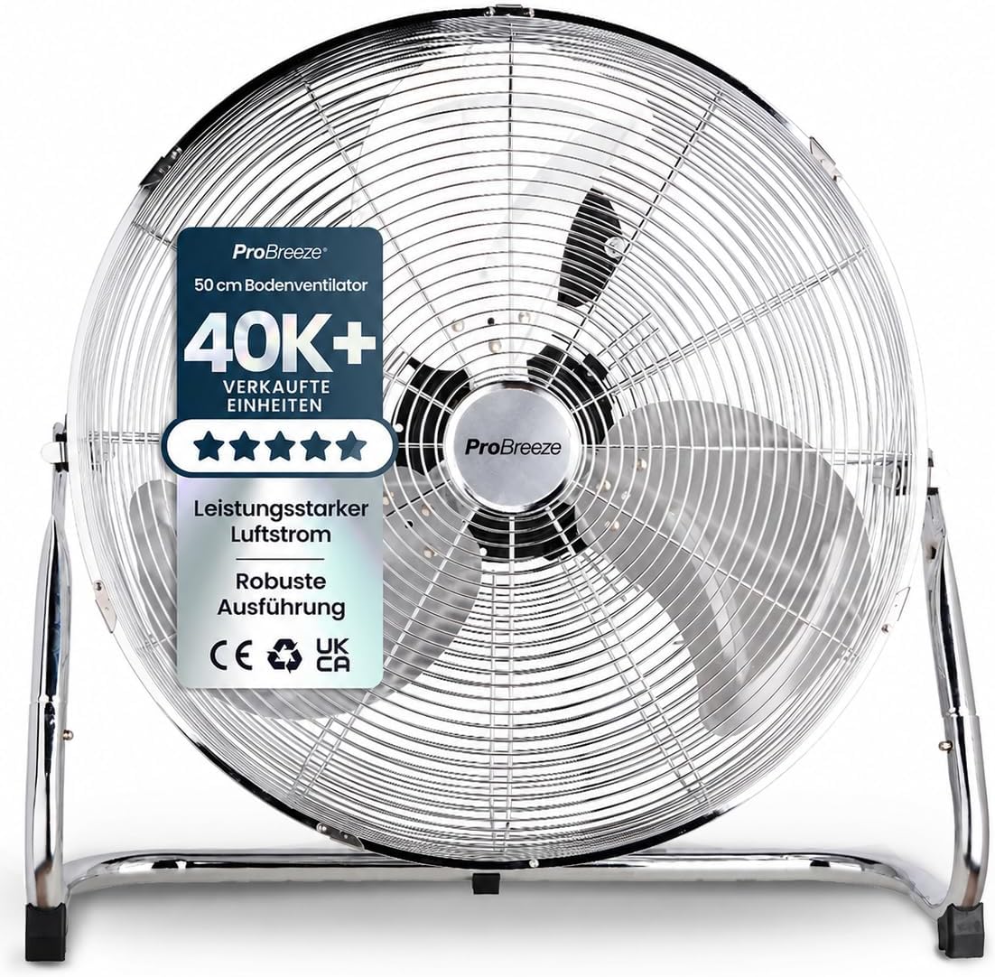 Pro Breeze 50 cm Bodenventilator aus Chrom, Ventilator mit 3 Geschwindigkeitsstufen und verstellbaren Ventilatorkopf - Windmaschine für Fitnessstudio oder Werkstatt