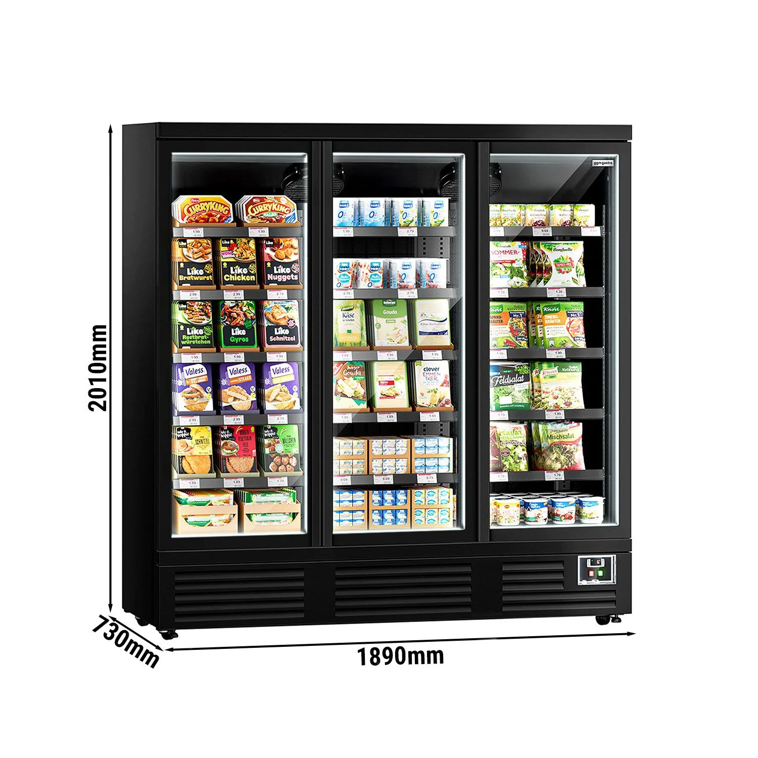 Kjølereol - 1890 mm - 1 539 l - +2 °C til +8 °C - med 3 hengslede glassdører, med dobbelt isolerglass & 5 hyller - svart