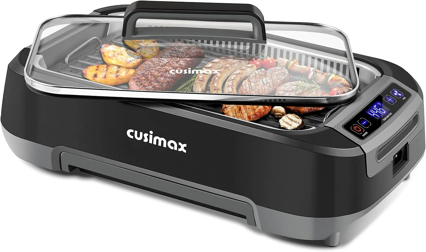 Smokeless Indoor Grill. CUSIMAX Electric Grill with Non-stick Removable Grill/Griddle Plate. 1500W Korean BBQ Grill with LED Smart Display & Tempered Glass Lid. Easy to Clean. Black