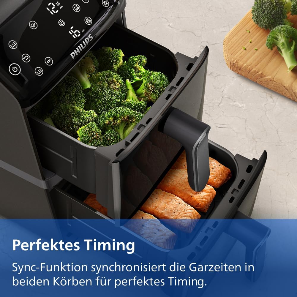 Airfryer 4000 Series Stacked Dual Basket, Gestapelte Heißluftfritteuse mit 2 Körben, 10L, RapidAir Technologie, 45% weniger Platzbedarf, PFAS-freie Keramikbeschichtung, Sichtfenster (NA460/00)