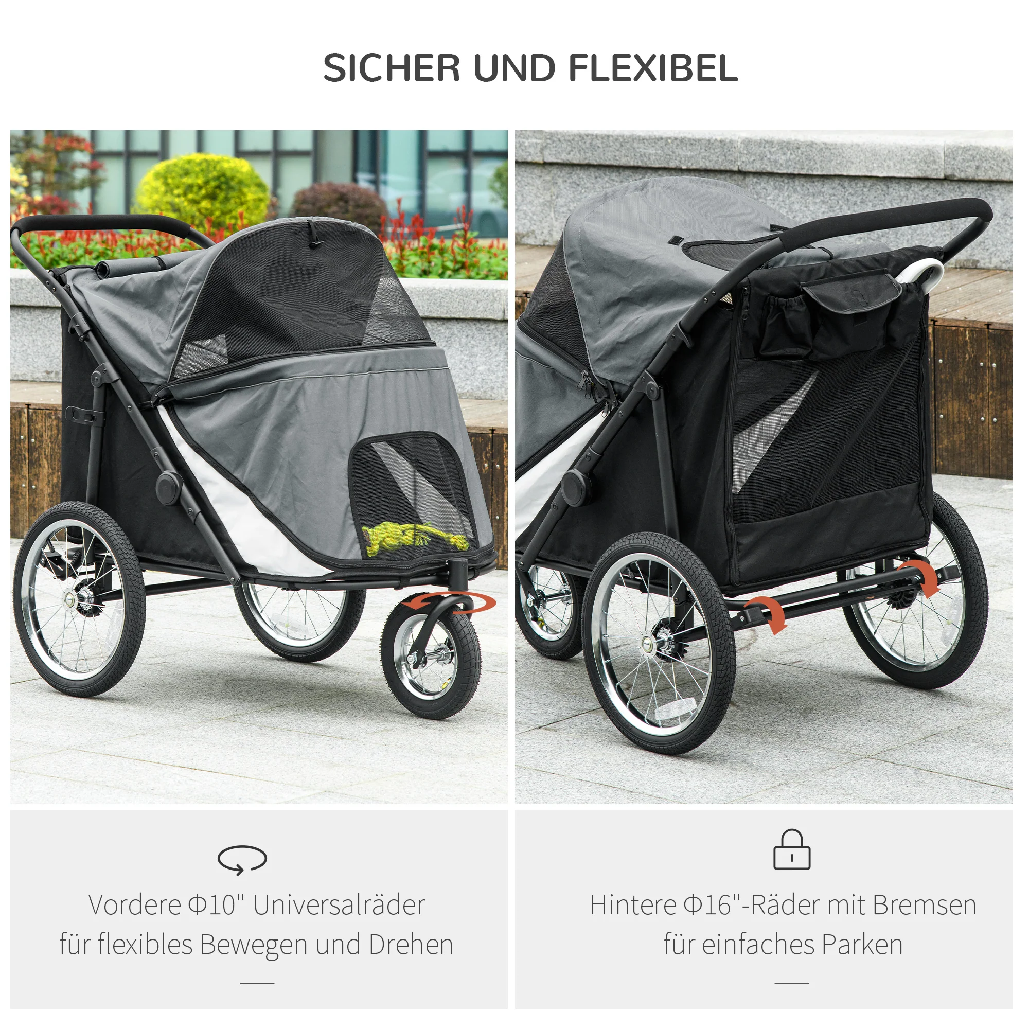 PawHut Hondenbuggy, opvouwbaar, opklapbaar, Ligkussen, Stalen frame, Grijs/Zwart