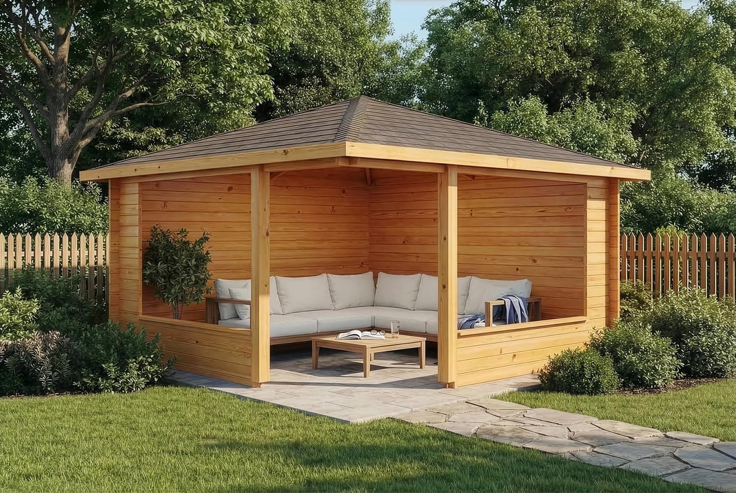 5-Eck Gartenlaube Maik-40 aus Massiv-Holz 400 x 400 cm, Gartenhaus mit 40 mm Wandstärke, Mit Imprägnierung (Pinie)