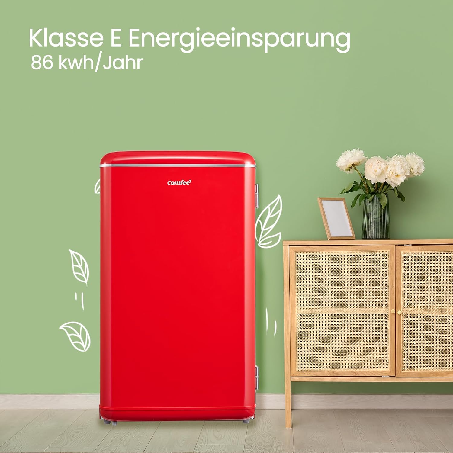 Comfee' RCD93RE2EURT(E) Kleiner Kühlschrank 93 L, Retro-Design, Mini-Kühlschrank mit einer Tür, einstellbare Temperatur, leise, geeignet für Zuhause, Büro und Hotel, Rot